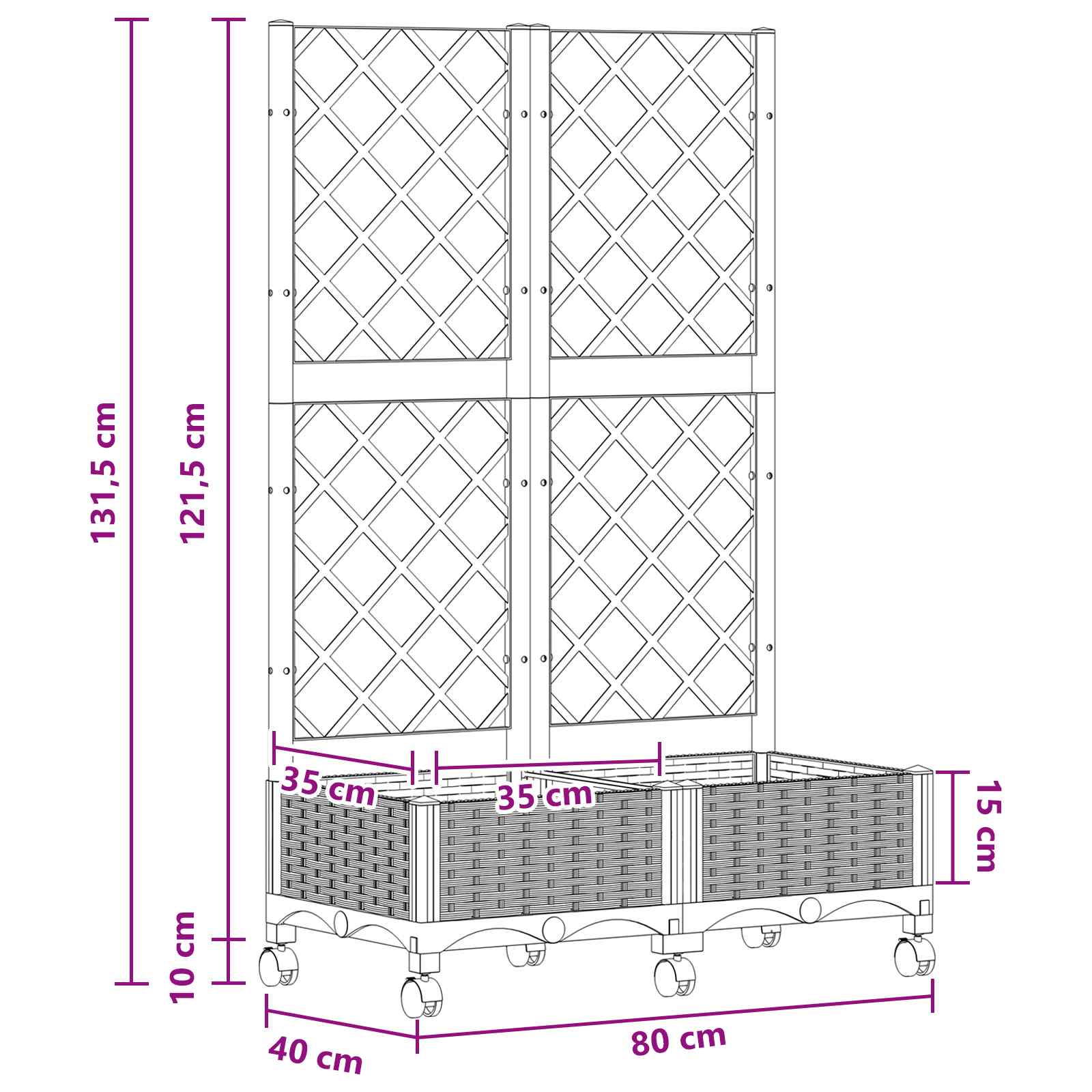 Vaso da giardino con grigliato e ruote Nero 80 x 40 x 131,5 cm