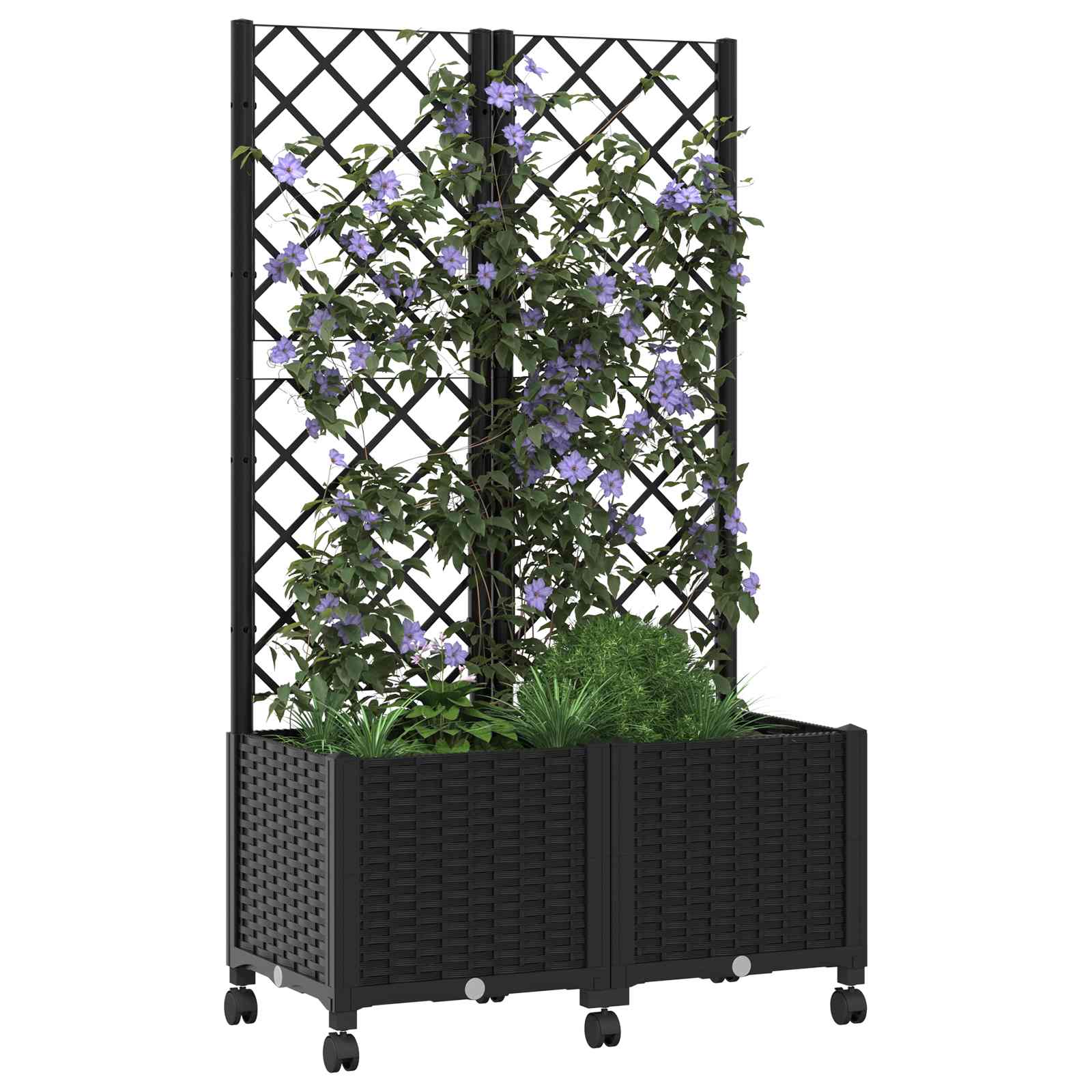 Vaso da giardino con grigliato e ruote Nero 80 x 40 x 146 cm PP