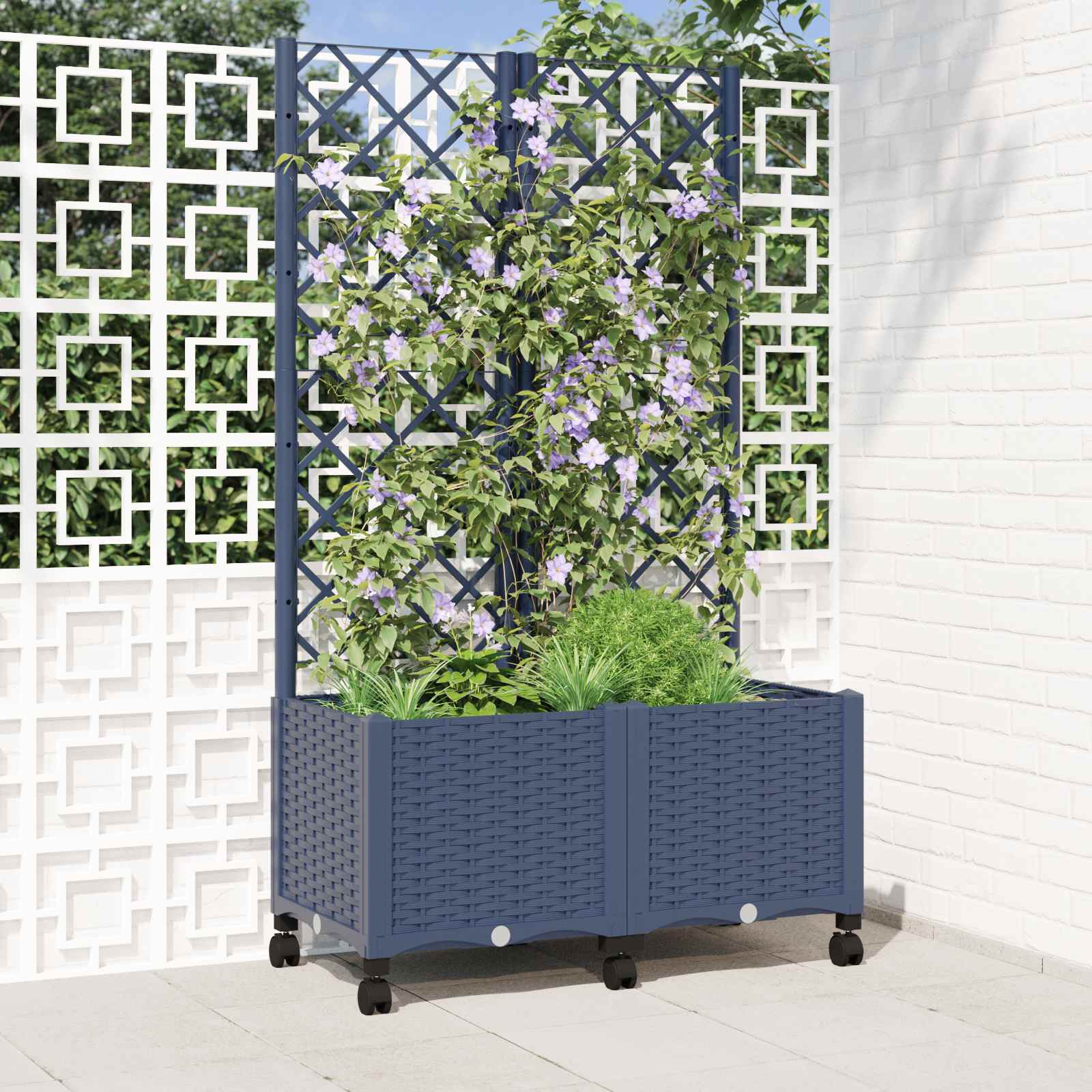 Vaso da giardino con grigliato e ruote Blu Grigio PP
