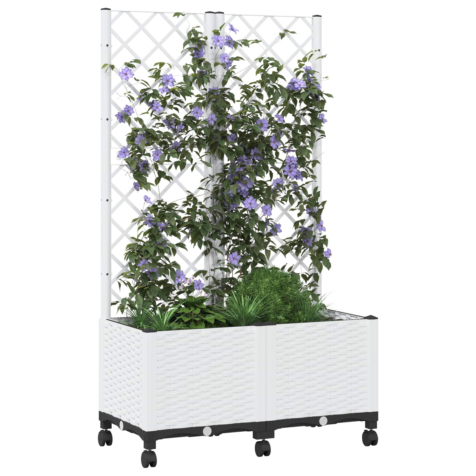 Vaso da giardino con grigliato e ruote Bianco 80 x 40 x 146 cm