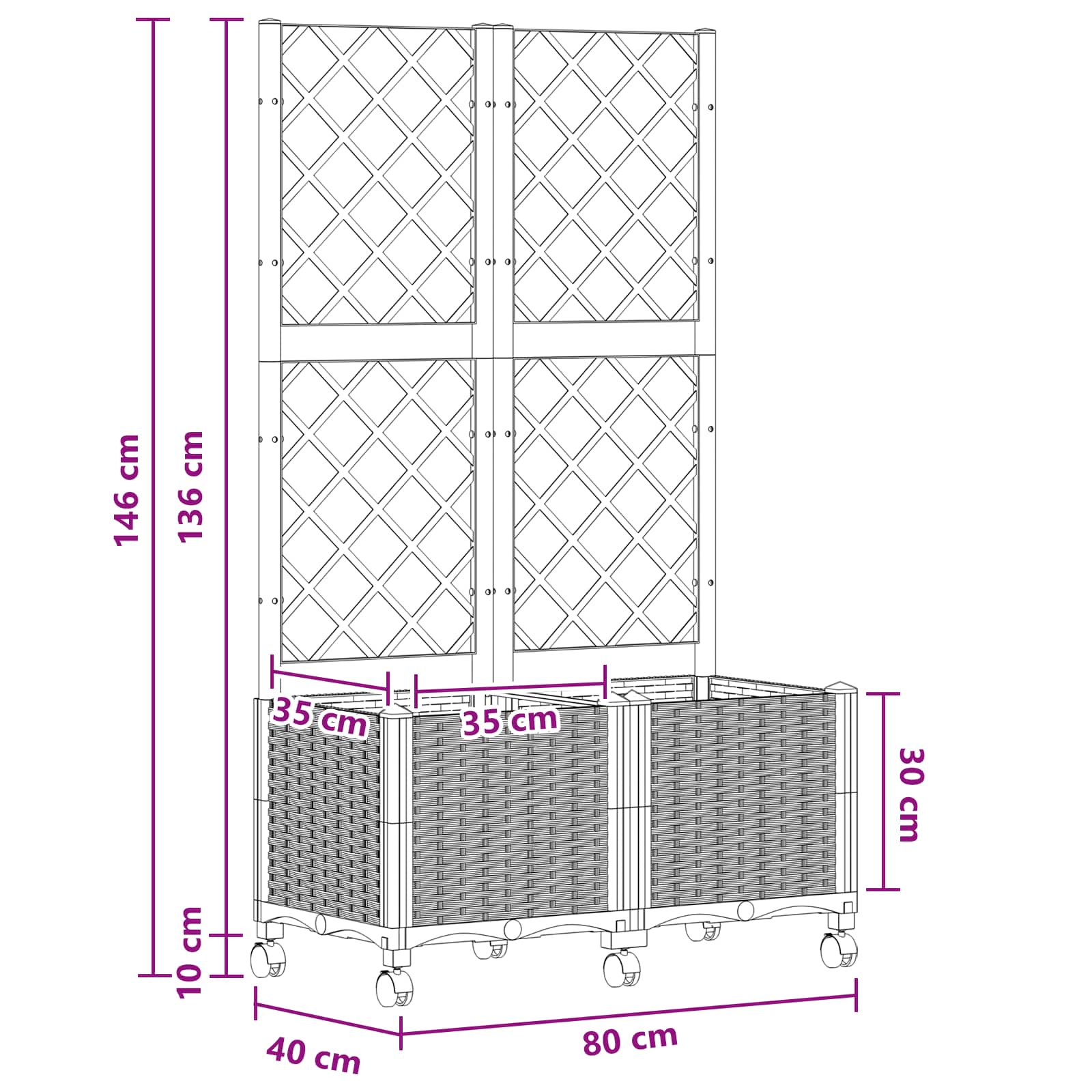 Vaso da giardino con grigliato e ruote Bianco 80 x 40 x 146 cm