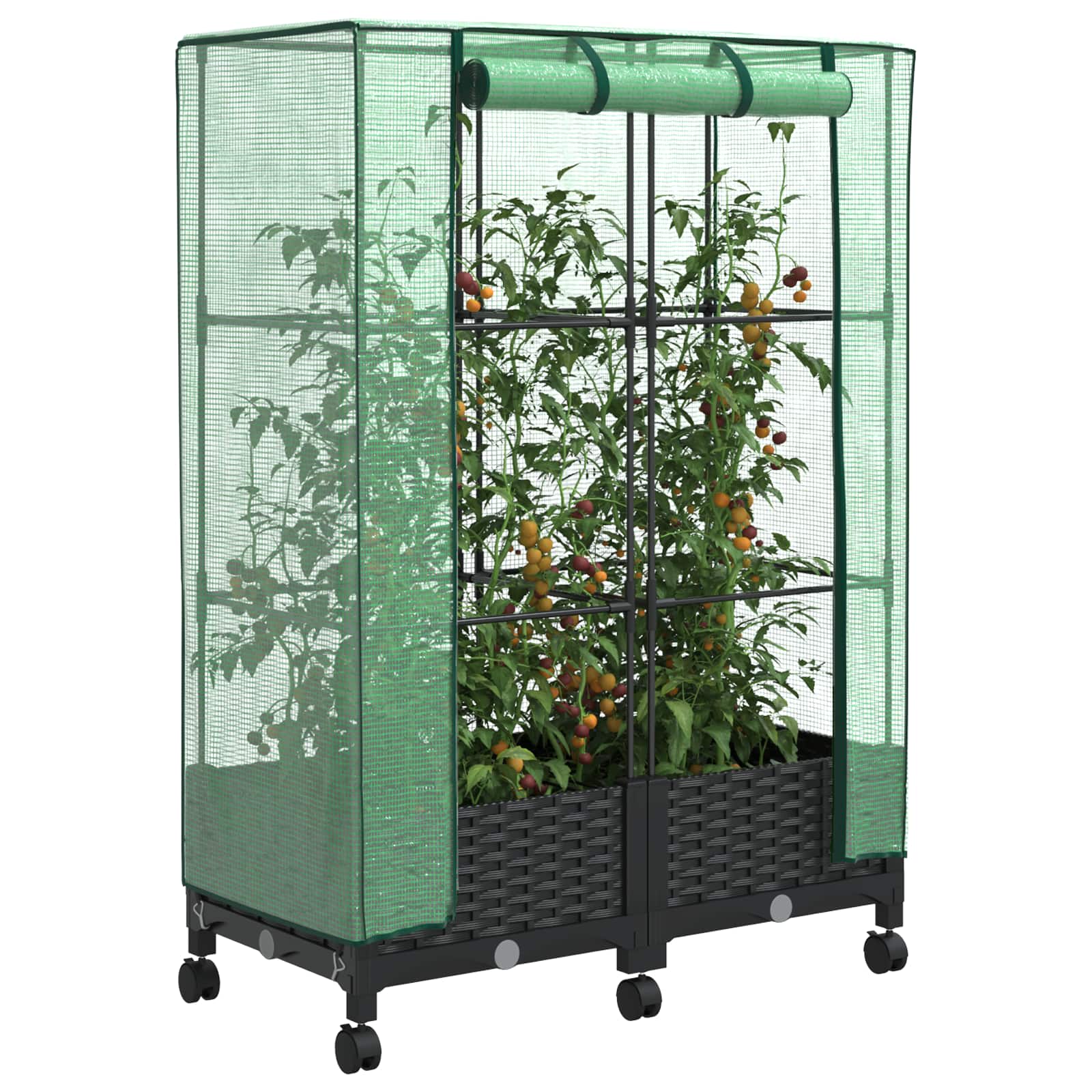 Vaso da Giardino con Copertura per Serra e Ruote 2 pz Nero PP