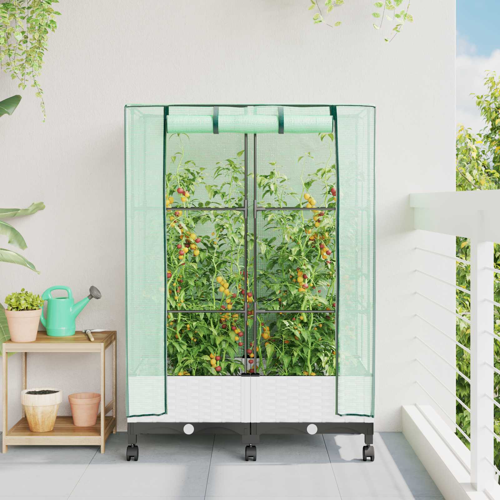Vaso da Giardino con Copertura per Serra e Ruote 2 pz Bianco PP