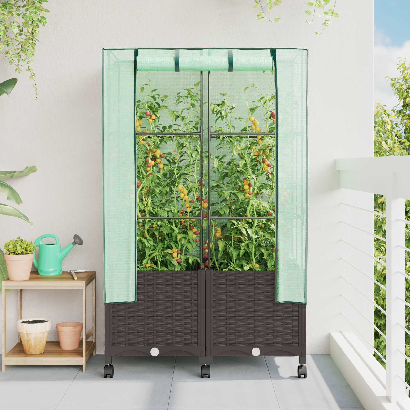 Vaso da Giardino con Copertura per Serra e Ruote 2 pz Marrone
