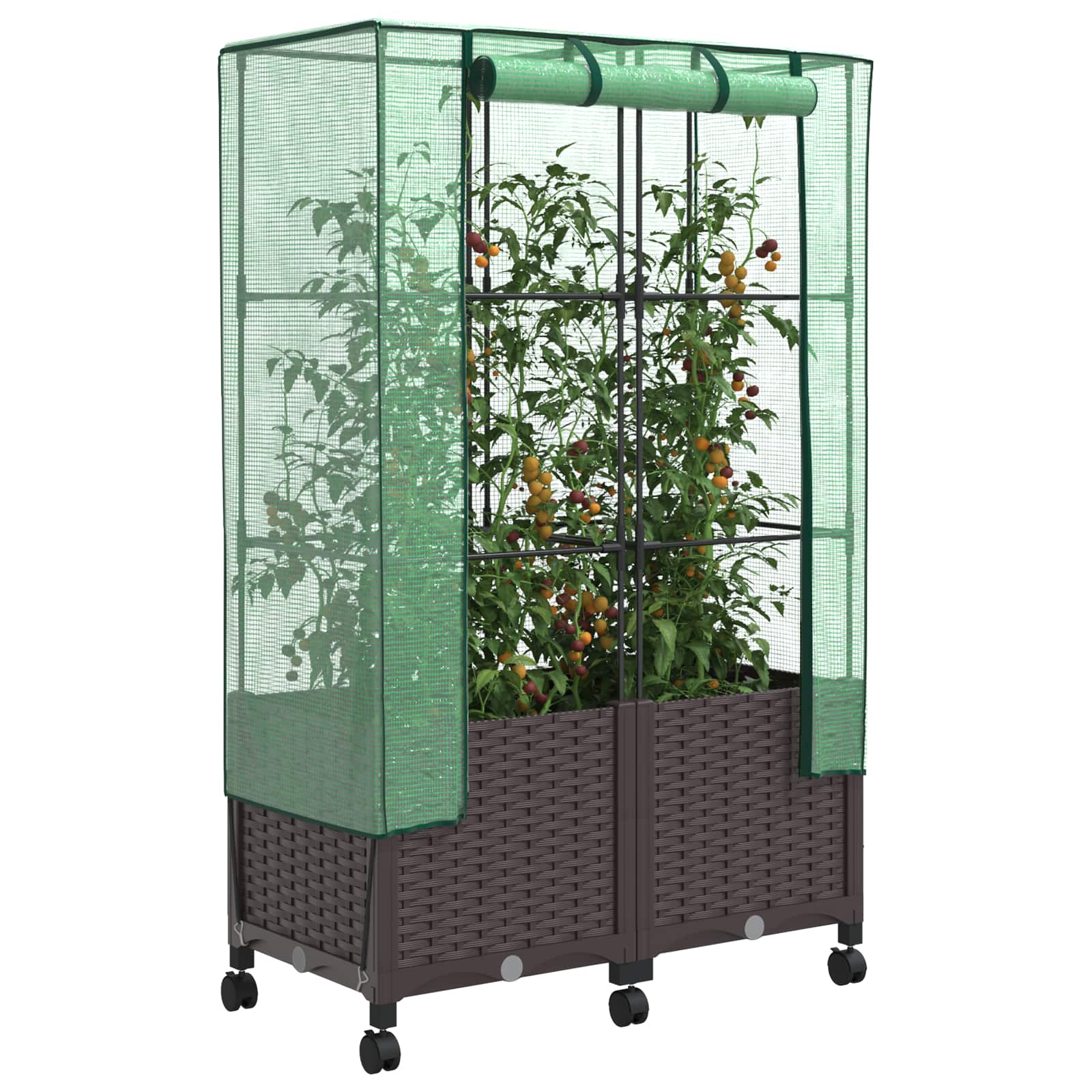 Vaso da Giardino con Copertura per Serra e Ruote 2 pz Marrone
