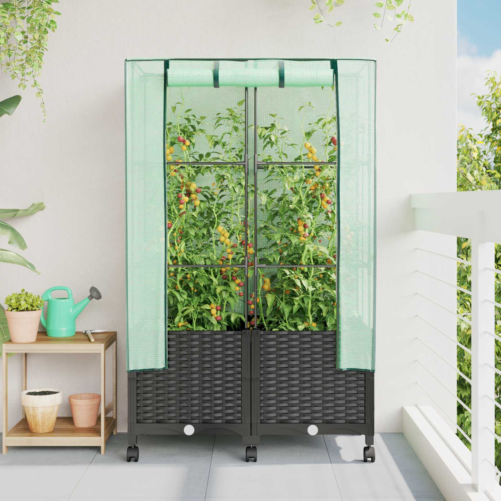 Vaso da Giardino con Copertura per Serra e Ruote 2 pz Nero PP
