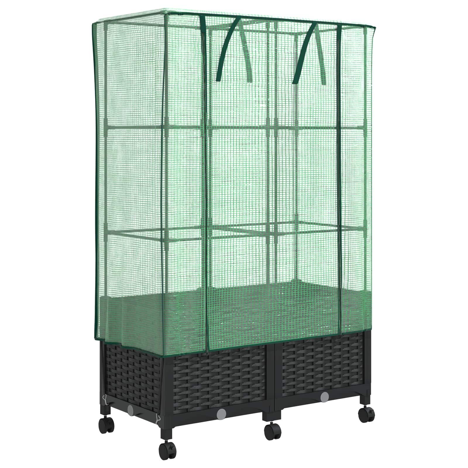Vaso da Giardino con Copertura per Serra e Ruote 2 pz Nero PP