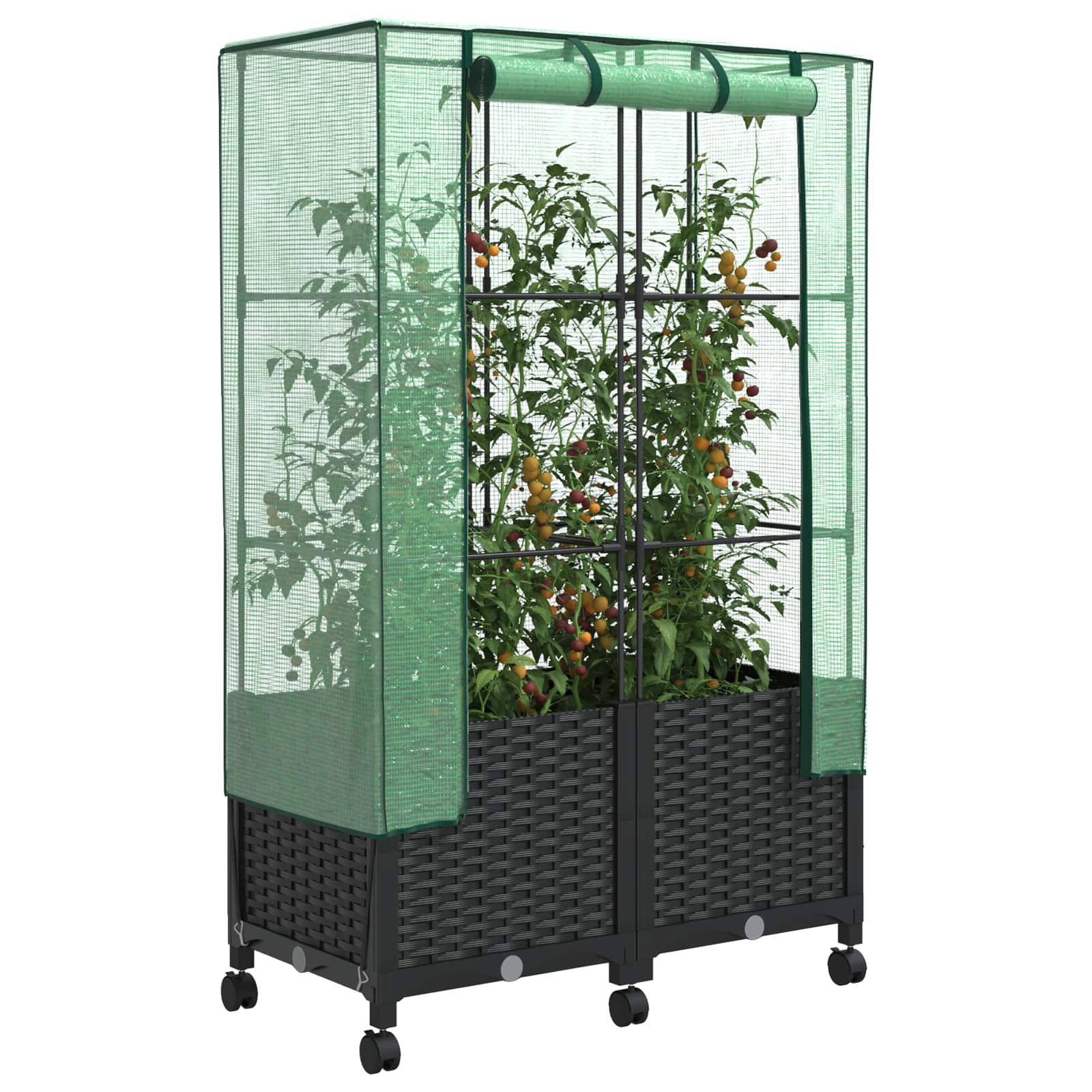 Vaso da Giardino con Copertura per Serra e Ruote 2 pz Nero PP