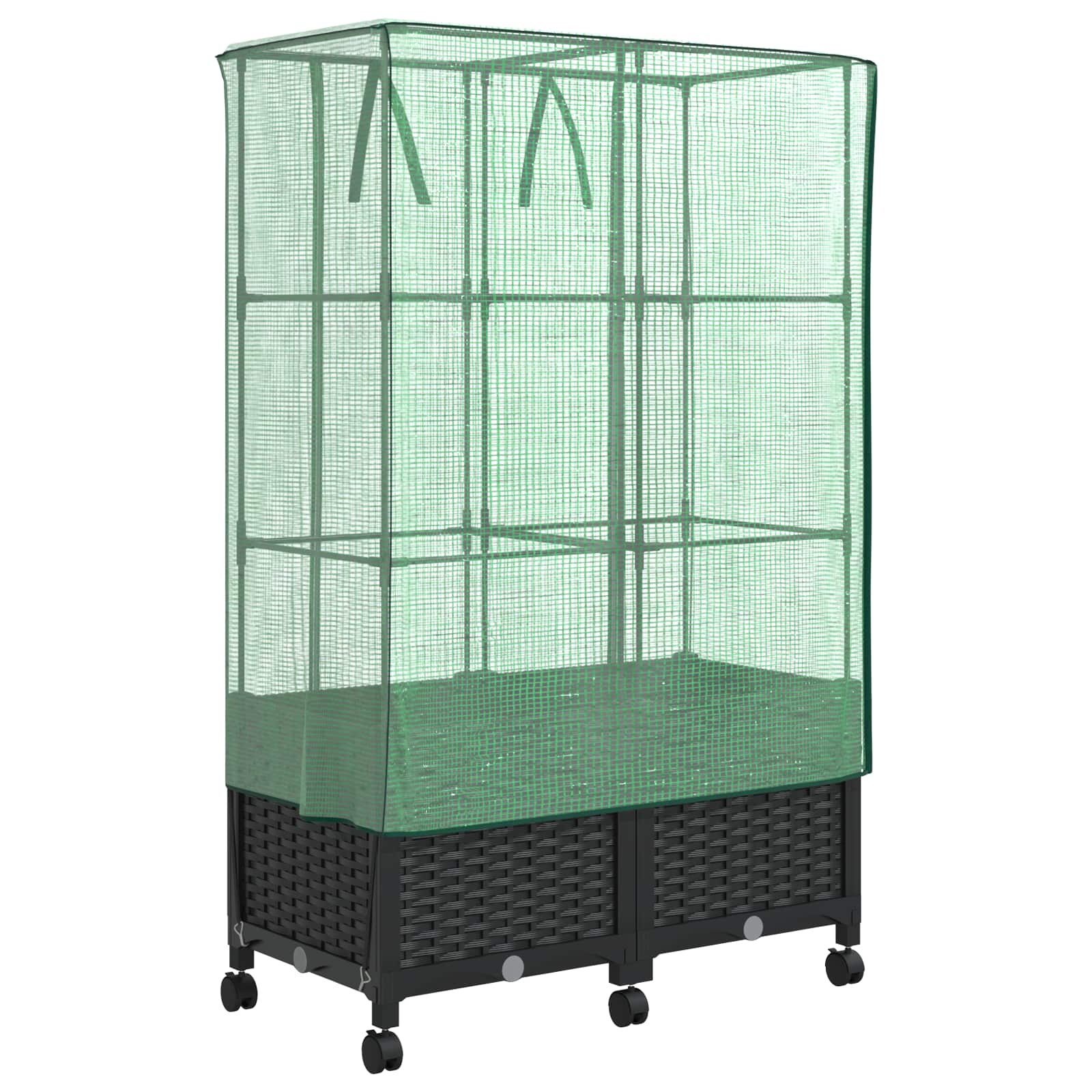Vaso da Giardino con Copertura per Serra e Ruote 2 pz Nero PP
