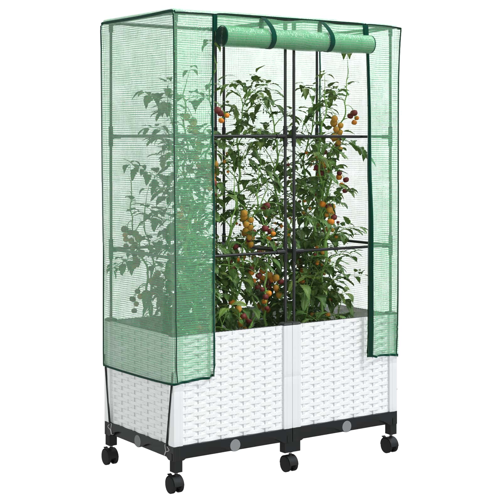 Vaso da Giardino con Copertura per Serra e Ruote 2 pz Bianco PP