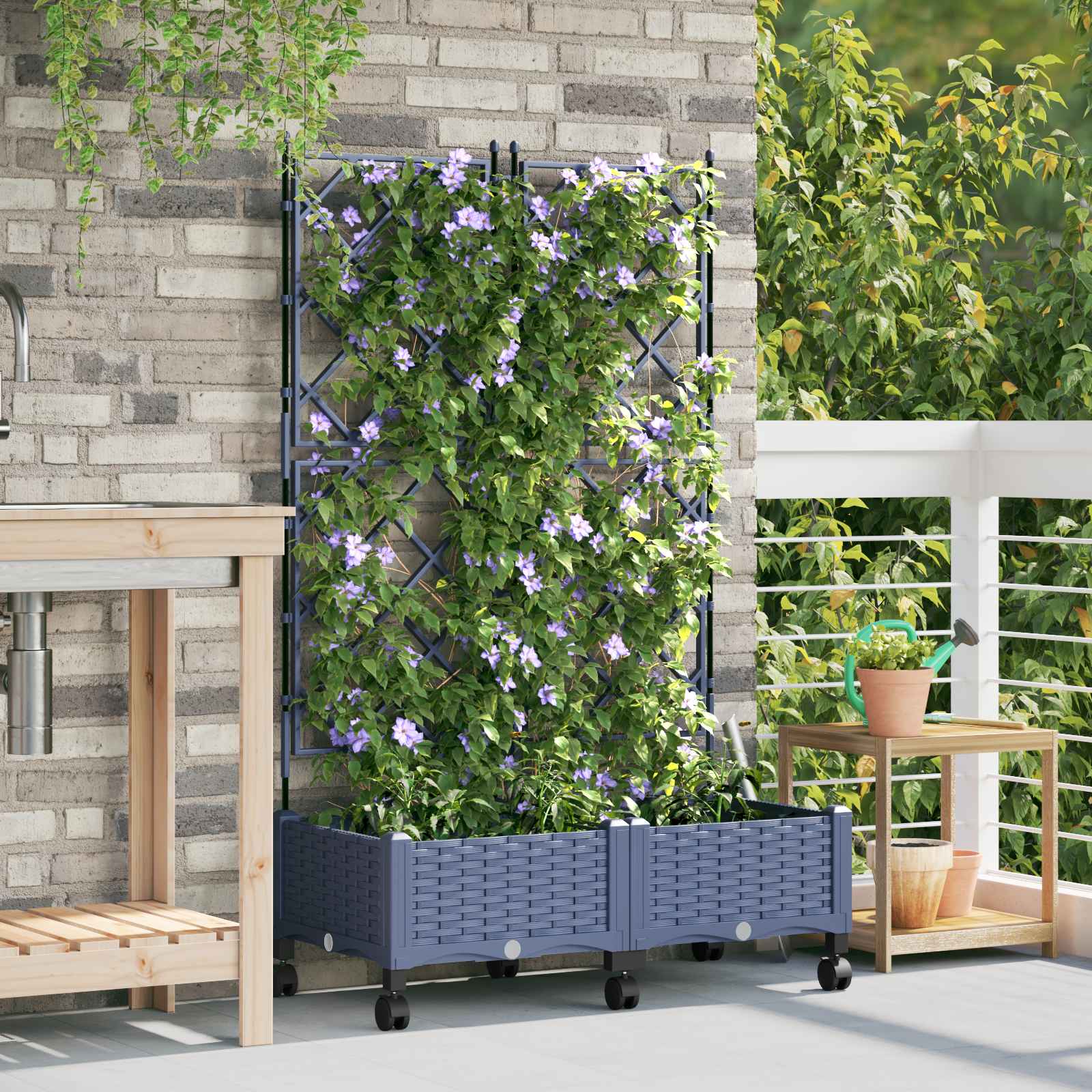 Vaso da giardino con grigliato e ruote 2 pz Grigio PP