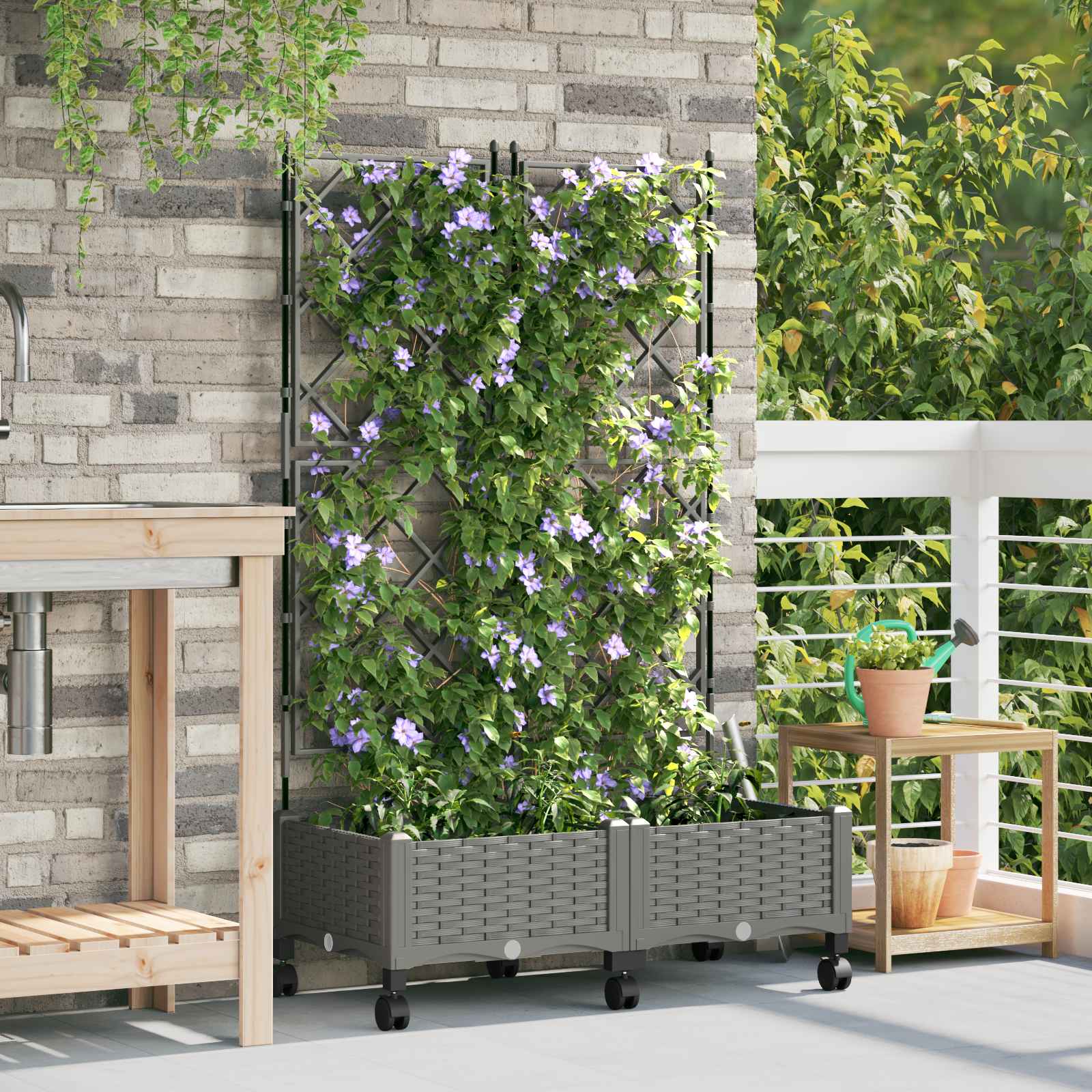 Vaso da giardino con grigliato e ruote 2 pz Grigio Chiaro PP