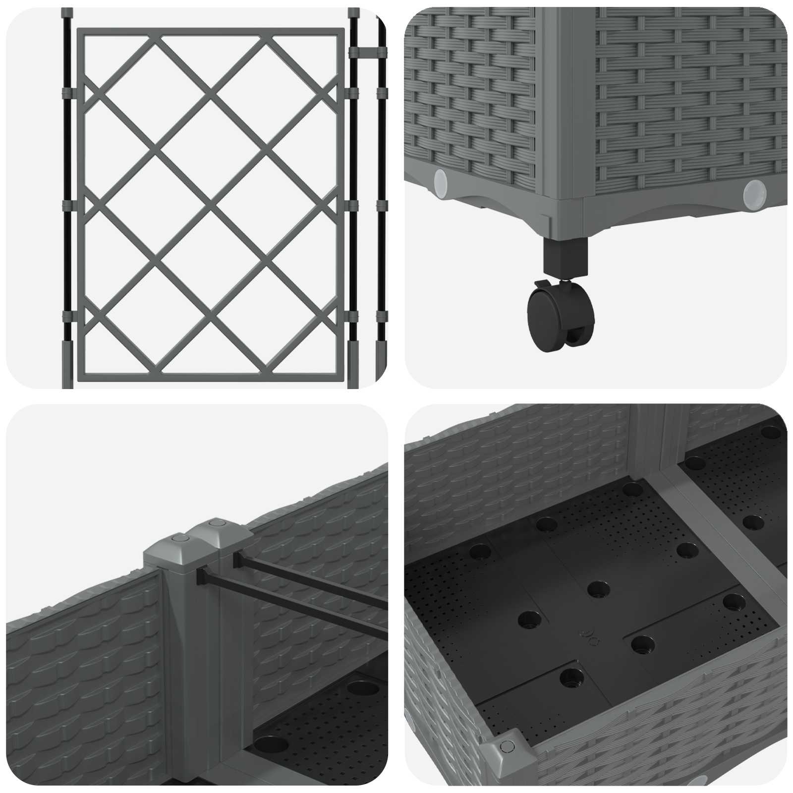 Vaso da giardino con grigliato e ruote 2 pz Grigio Chiaro PP