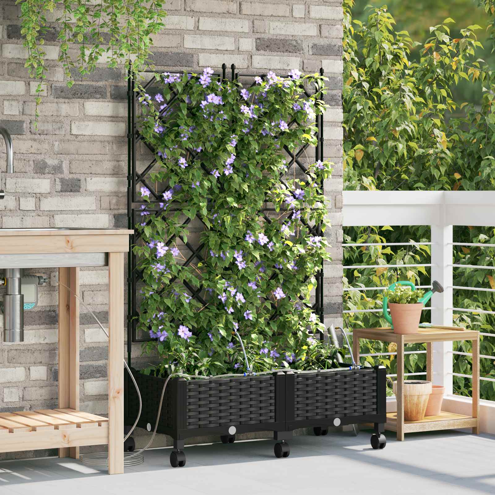 Vaso da Giardino con Irrigazione e Ruote 2 pz Nero PP