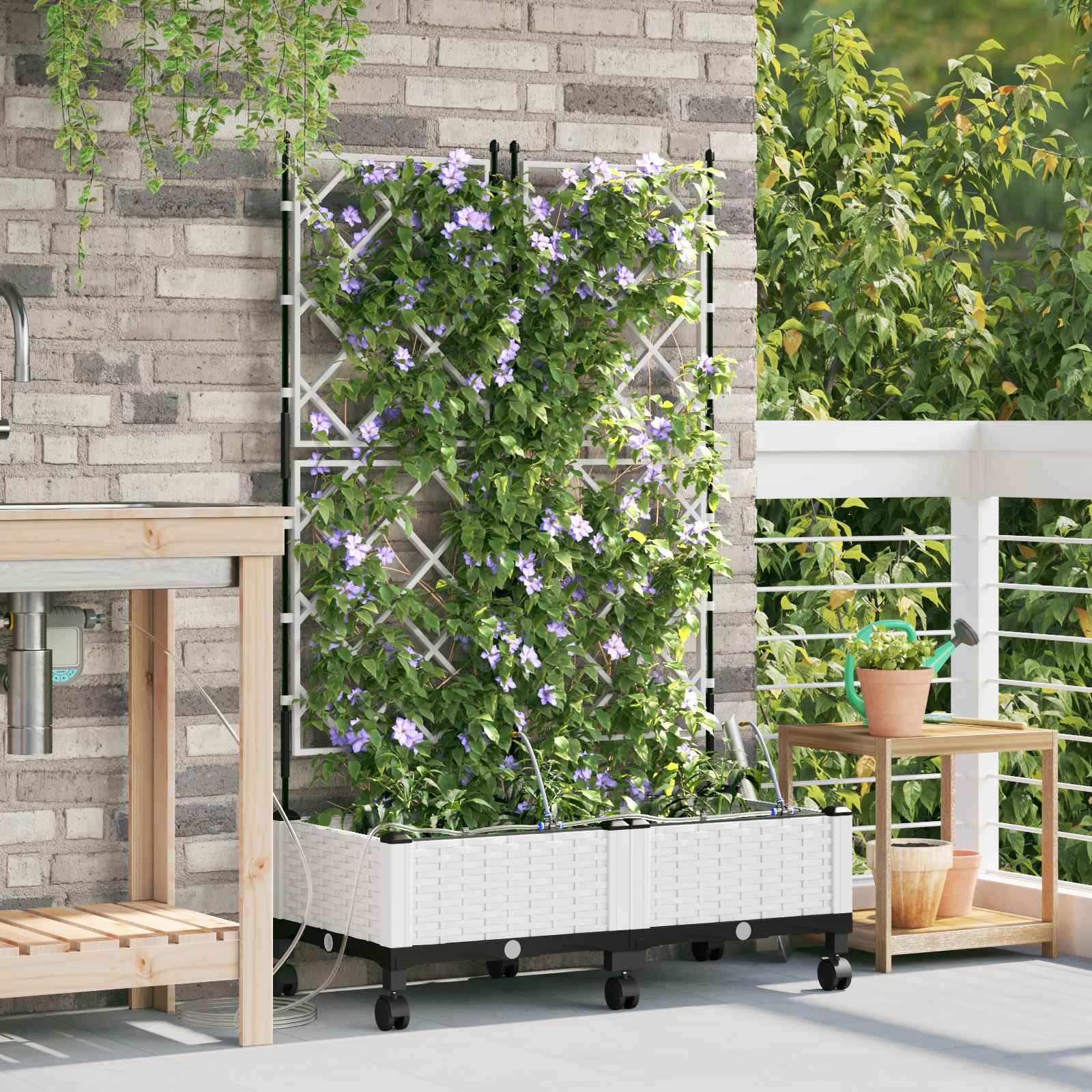 Vaso da Giardino con Irrigazione e Ruote 2 pz Bianco PP