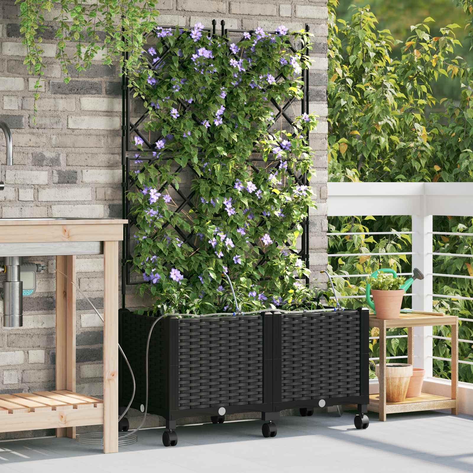 Vaso da Giardino con Irrigazione e Ruote 2 pz Nero PP