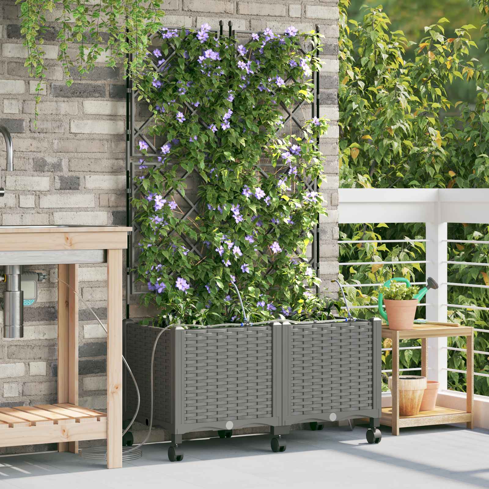 Vaso da Giardino con Irrigazione e Ruote 2 pz Grigio Chiaro PP