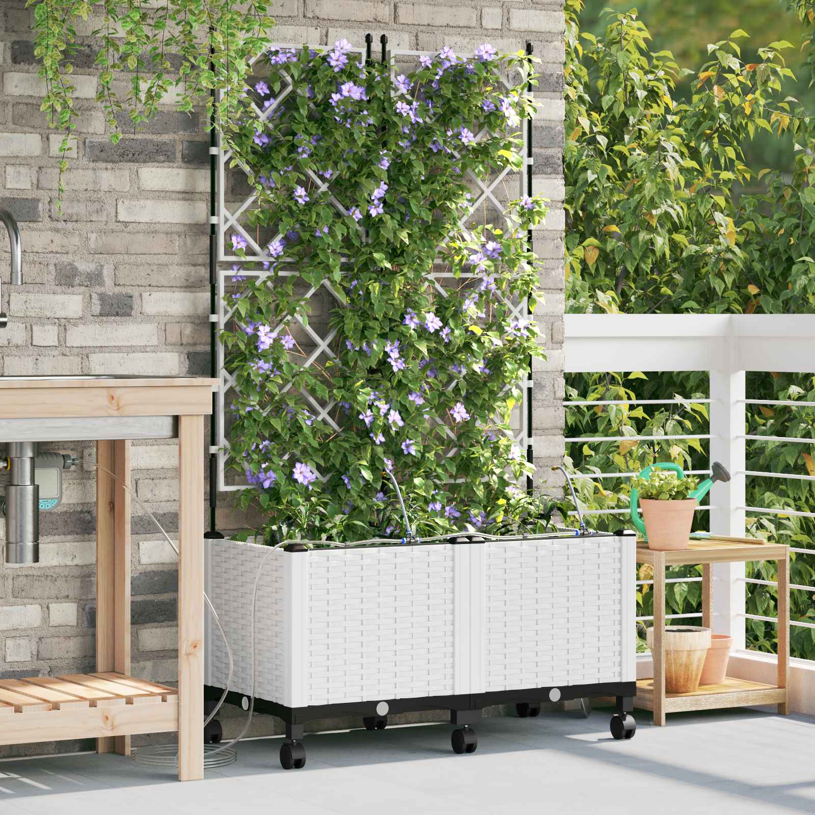 Vaso da Giardino con Irrigazione e Ruote 2 pz Bianco PP