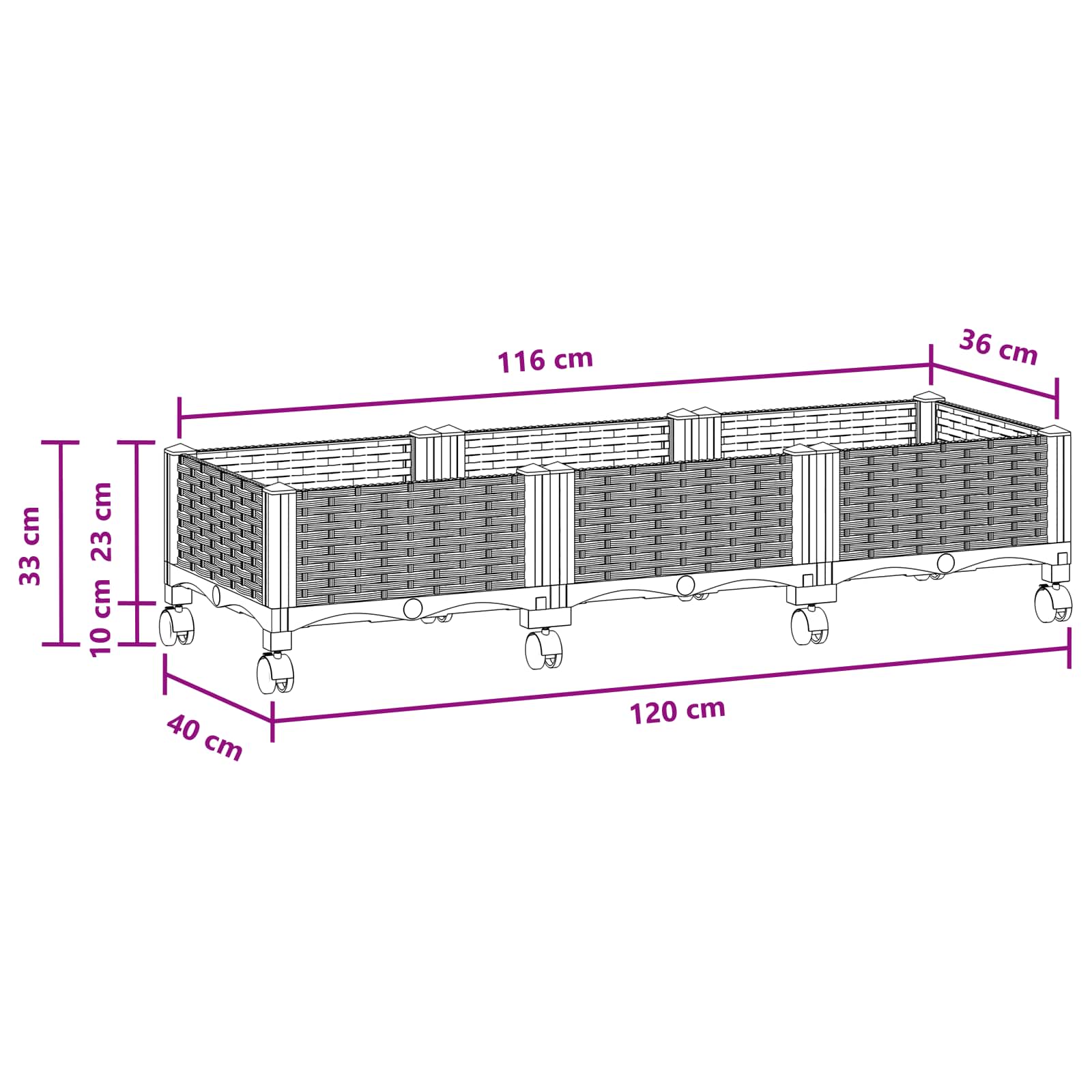 Vaso da Giardino con Ruote Nero 120 x 40 x 29 cm PP