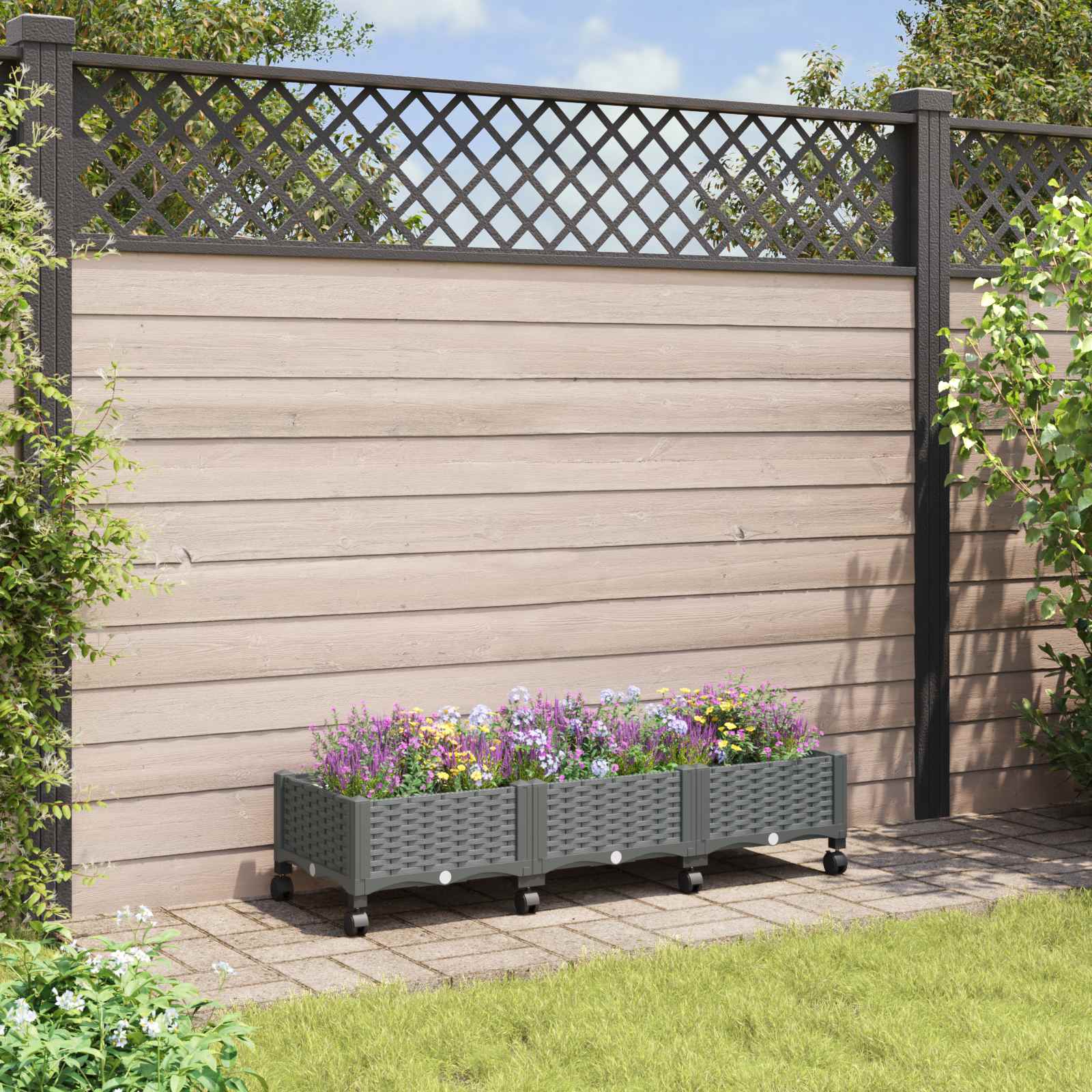 Vaso da Giardino con Ruote Grigio Chiaro 120 x 40 x 33 cm PP