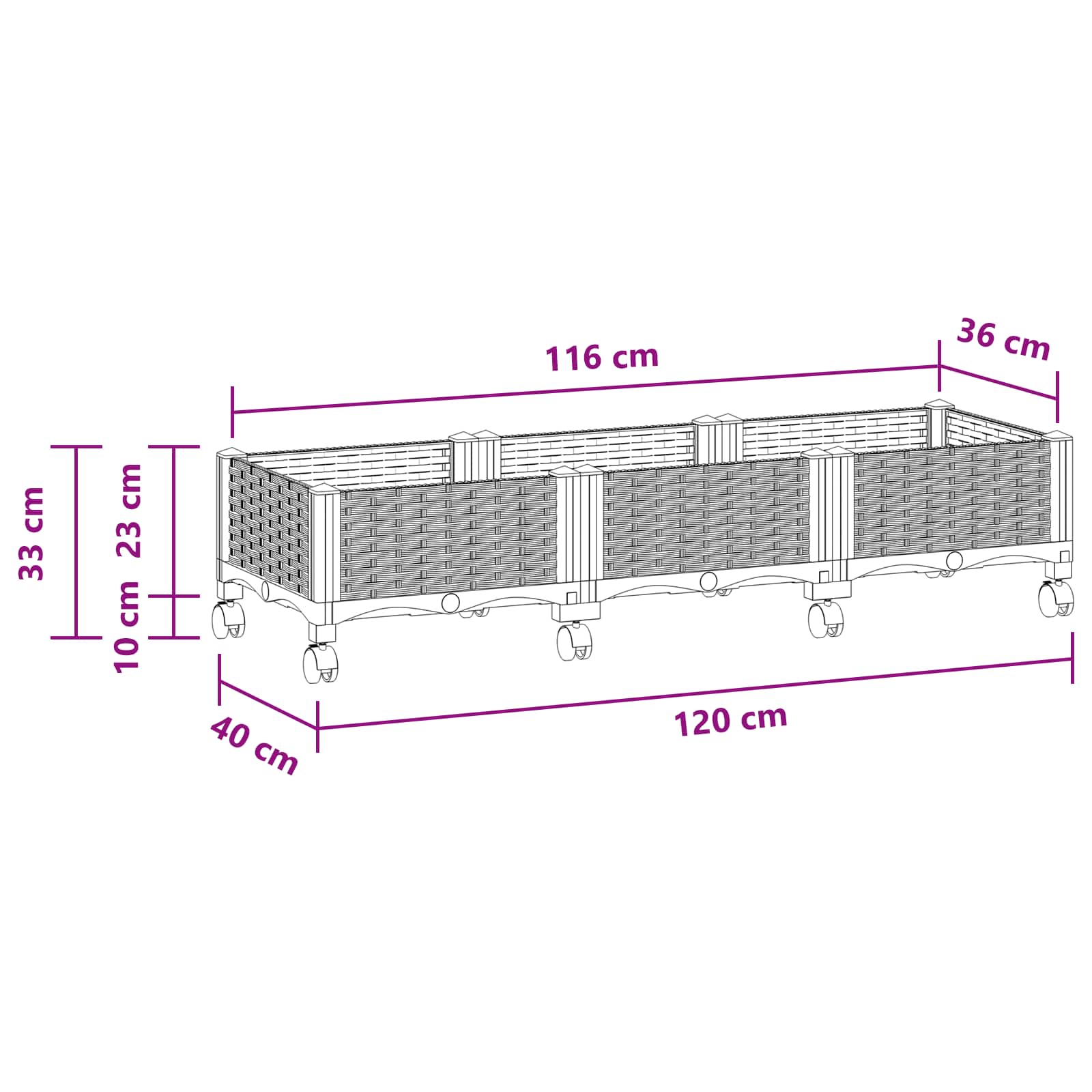 Vaso da Giardino con Ruote Grigio Chiaro 120 x 40 x 33 cm PP