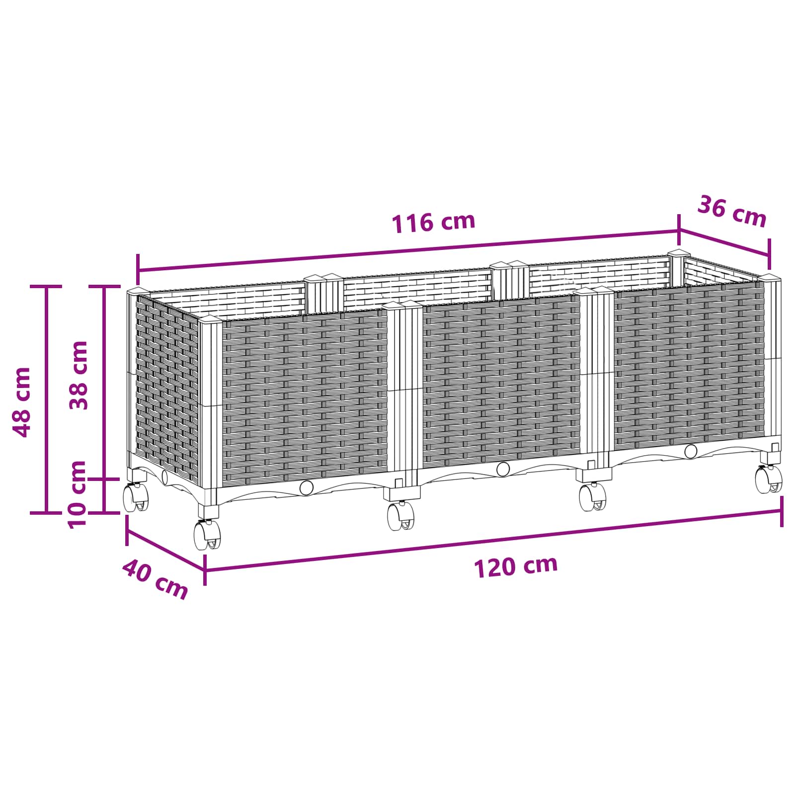 Vaso da Giardino con Ruote Nero 120 x 40 x 44 cm PP