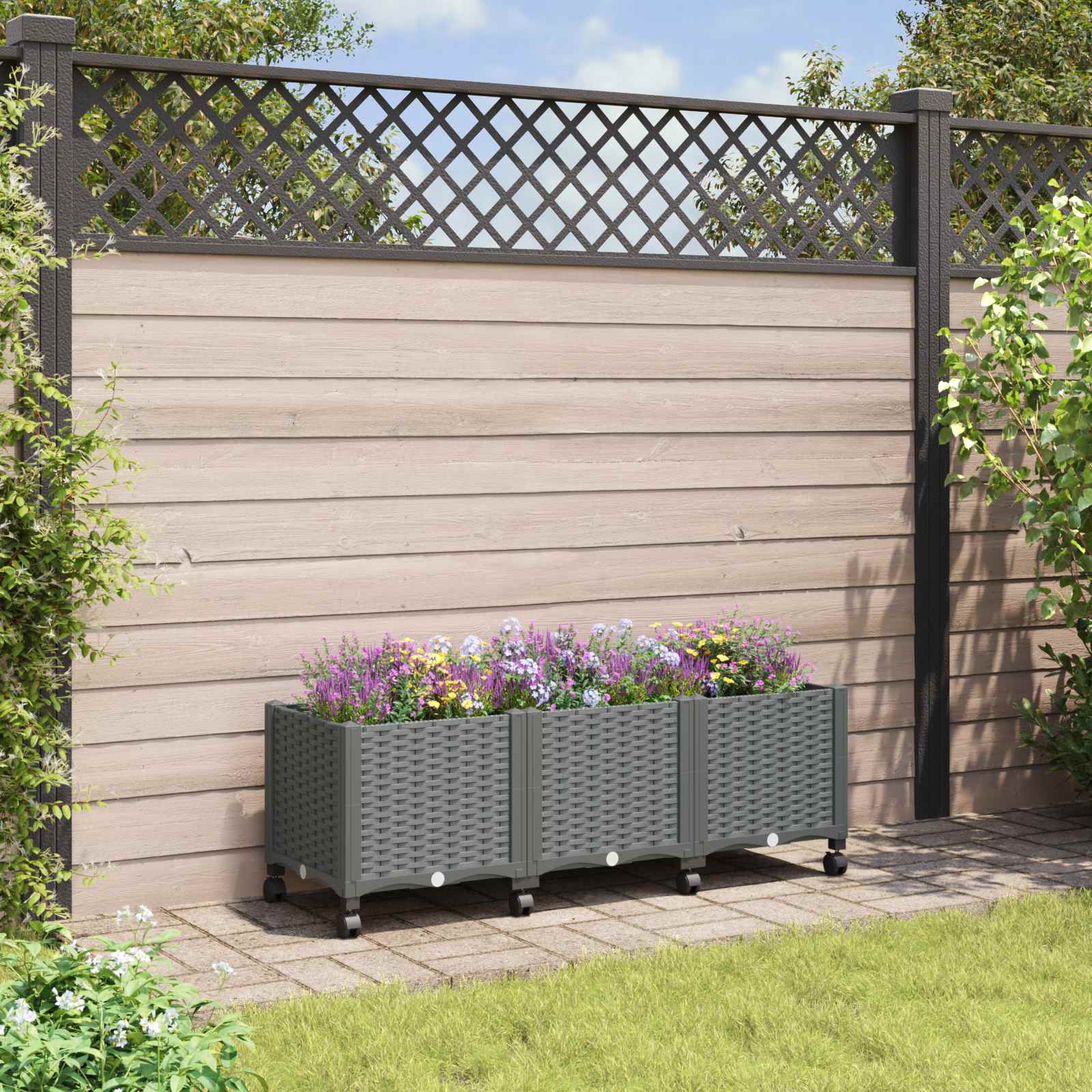Vaso da Giardino con Ruote Grigio Chiaro 120 x 40 x 48 cm PP