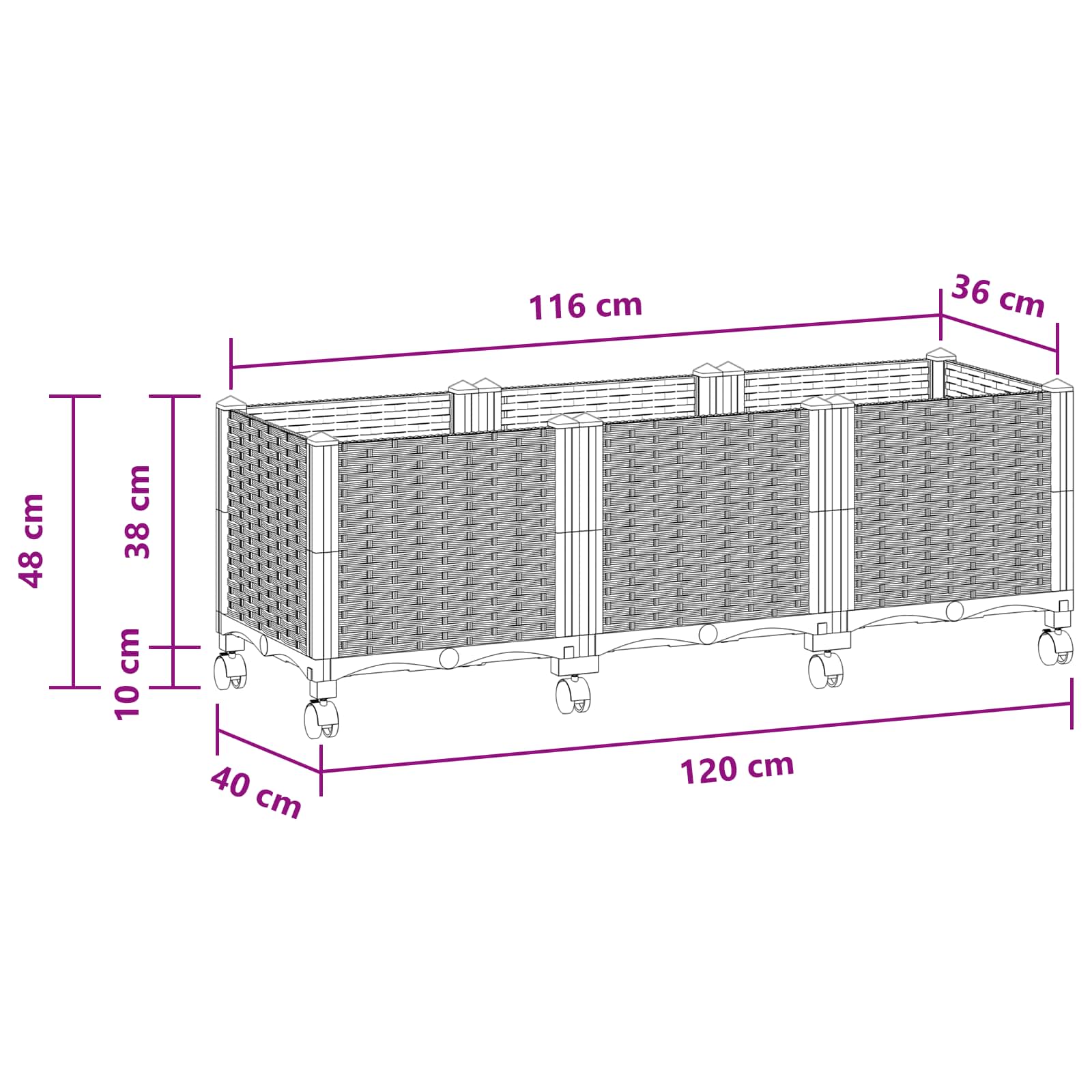 Vaso da Giardino con Ruote Grigio Chiaro 120 x 40 x 48 cm PP