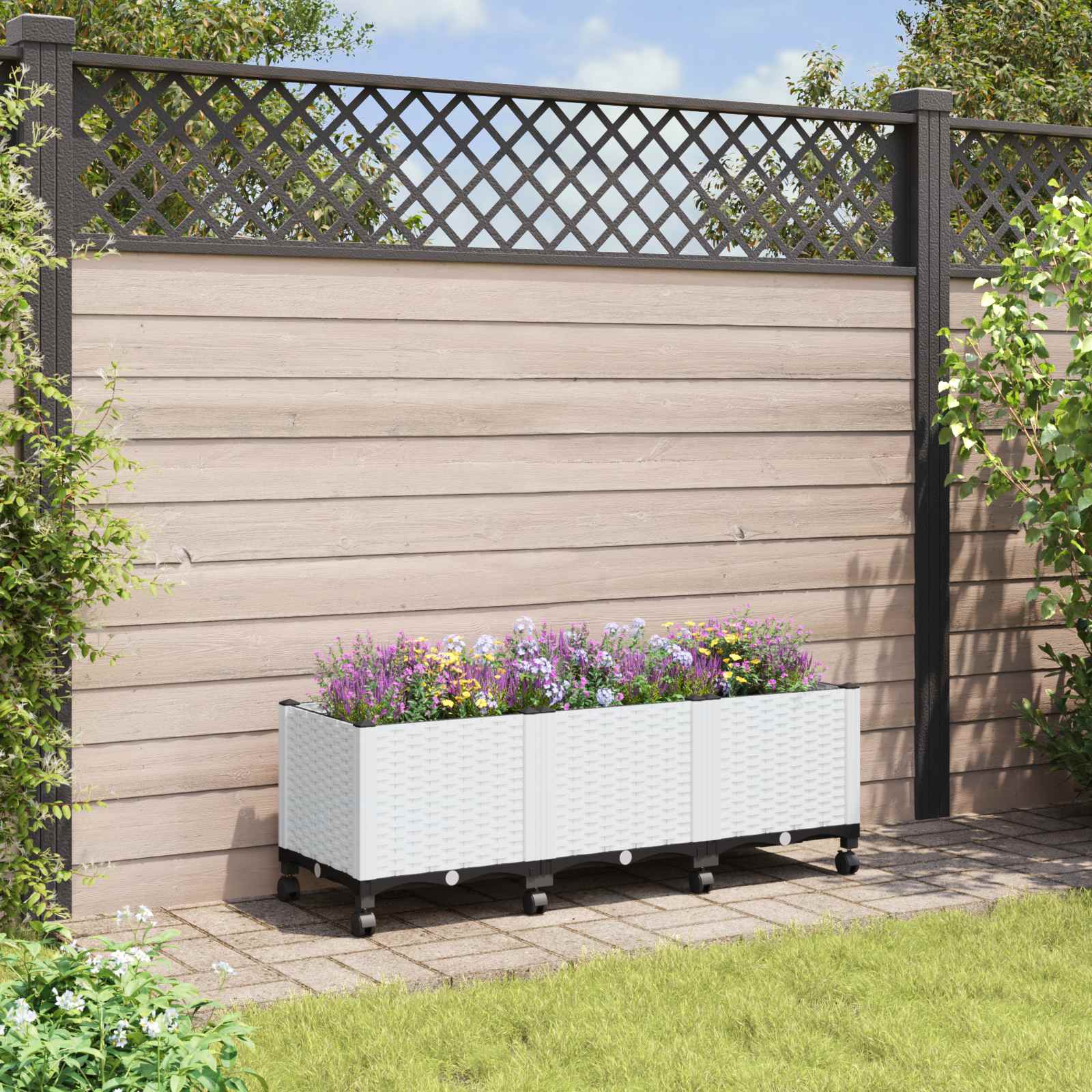 Vaso da Giardino con Ruote Bianco 120 x 40 x 48 cm PP