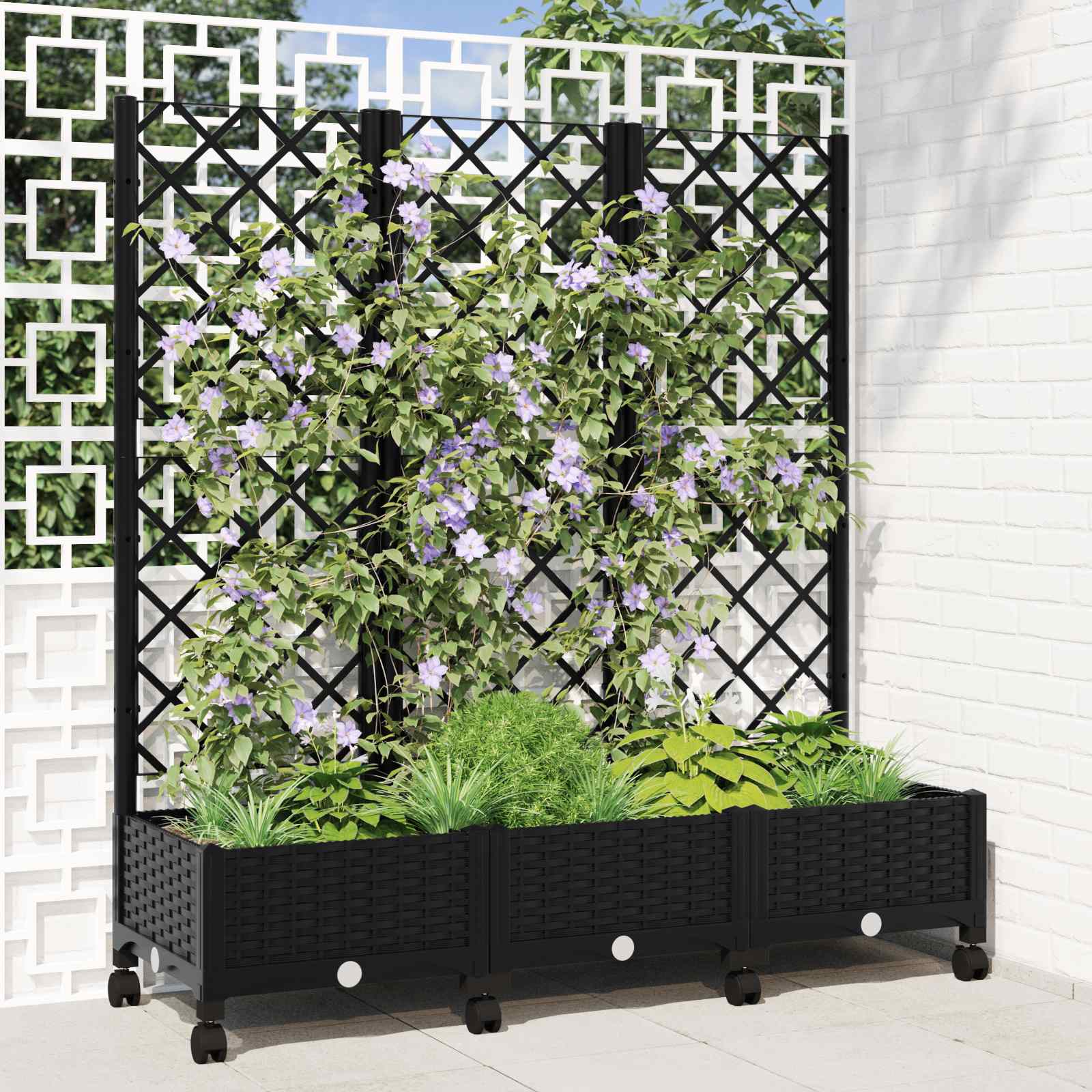 Vaso da giardino con grigliato e ruote Nero 120 x 40 x 131,5 cm