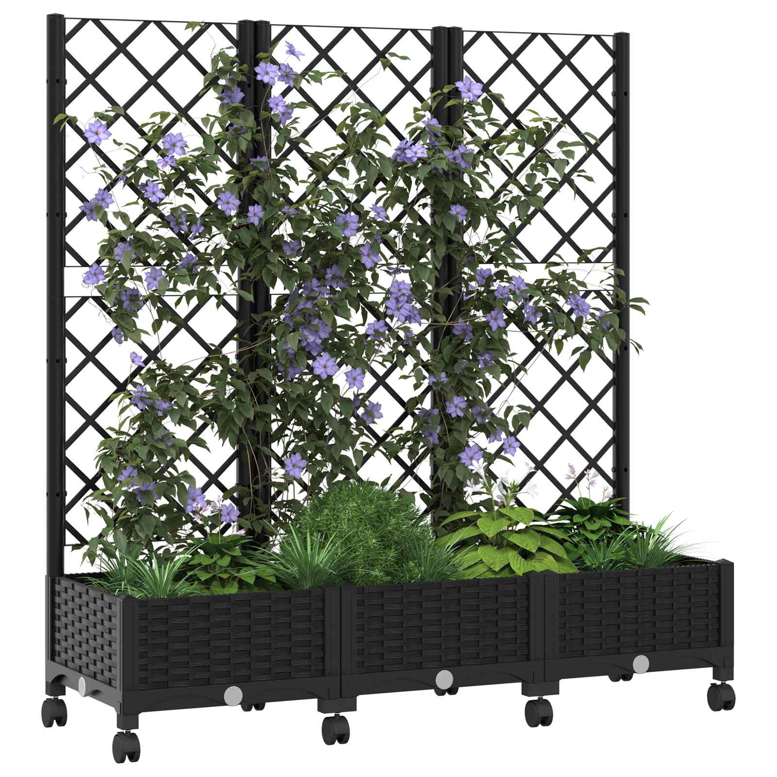 Vaso da giardino con grigliato e ruote Nero 120 x 40 x 131,5 cm