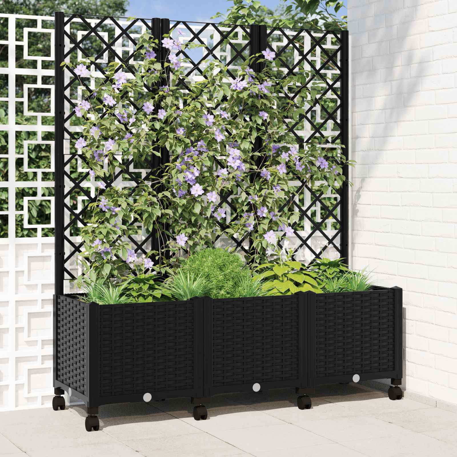 Vaso da giardino con grigliato e ruote Nero 120 x 40 x 146 cm