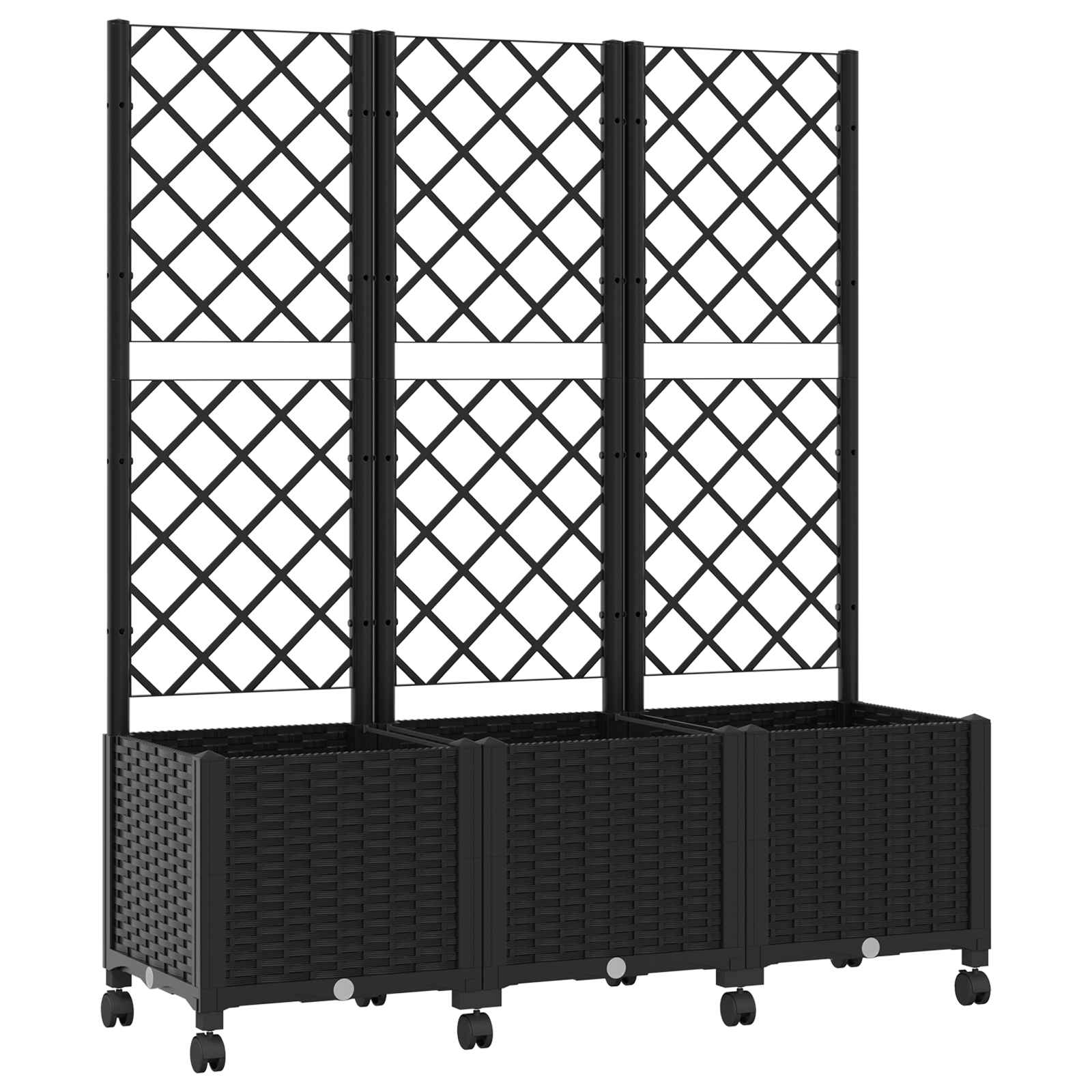 Vaso da giardino con grigliato e ruote Nero 120 x 40 x 146 cm