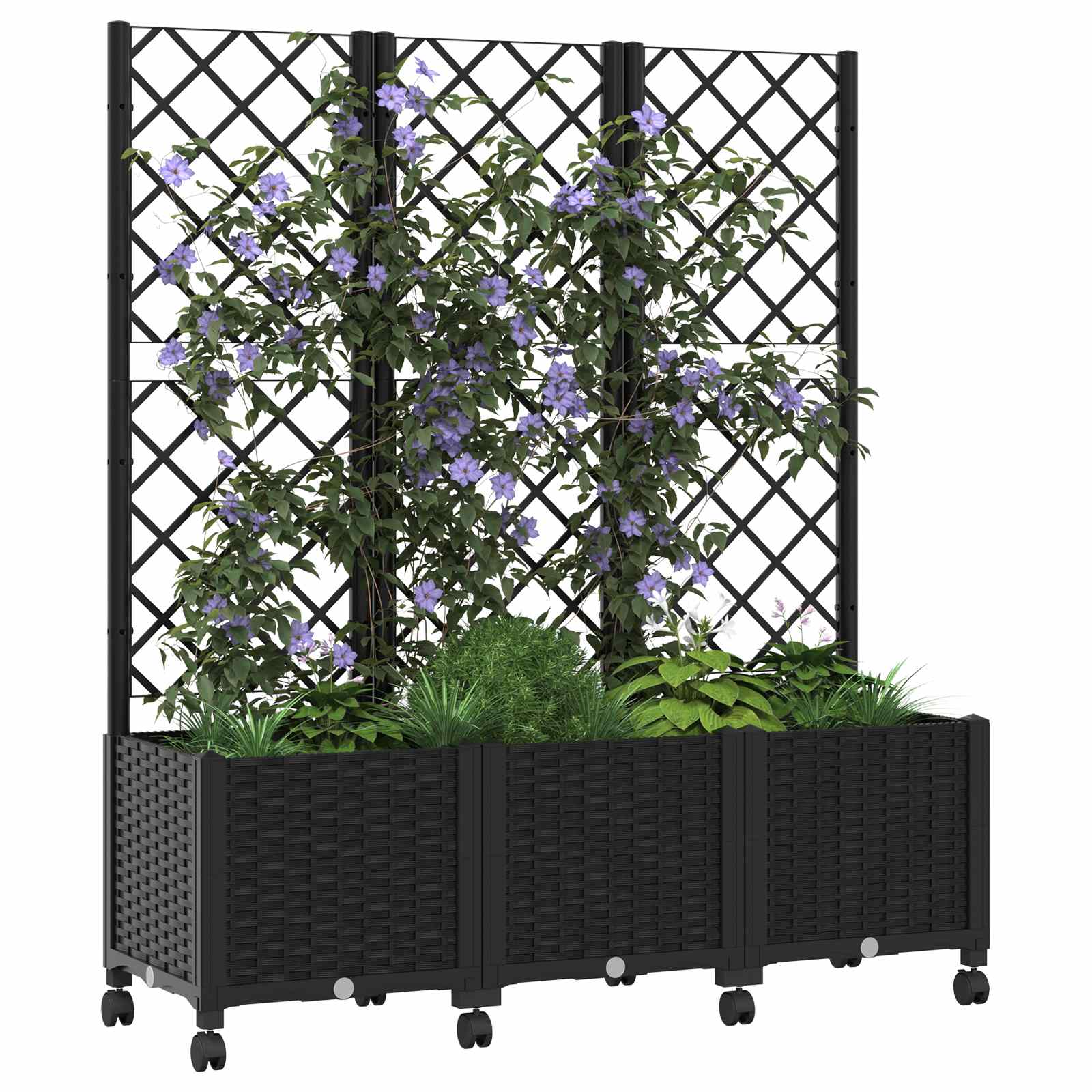 Vaso da giardino con grigliato e ruote Nero 120 x 40 x 146 cm