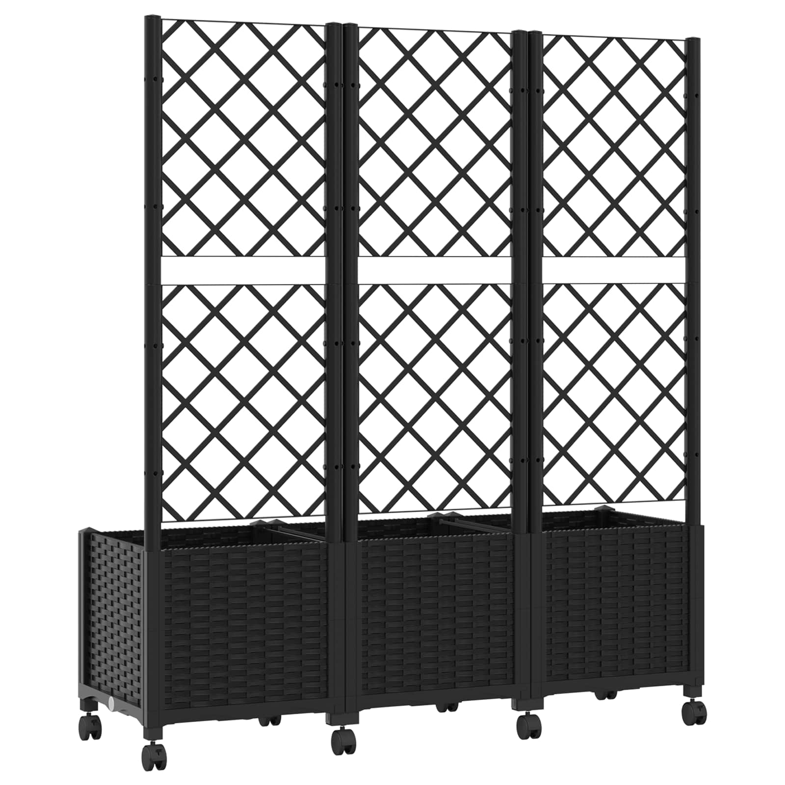 Vaso da giardino con grigliato e ruote Nero 120 x 40 x 146 cm