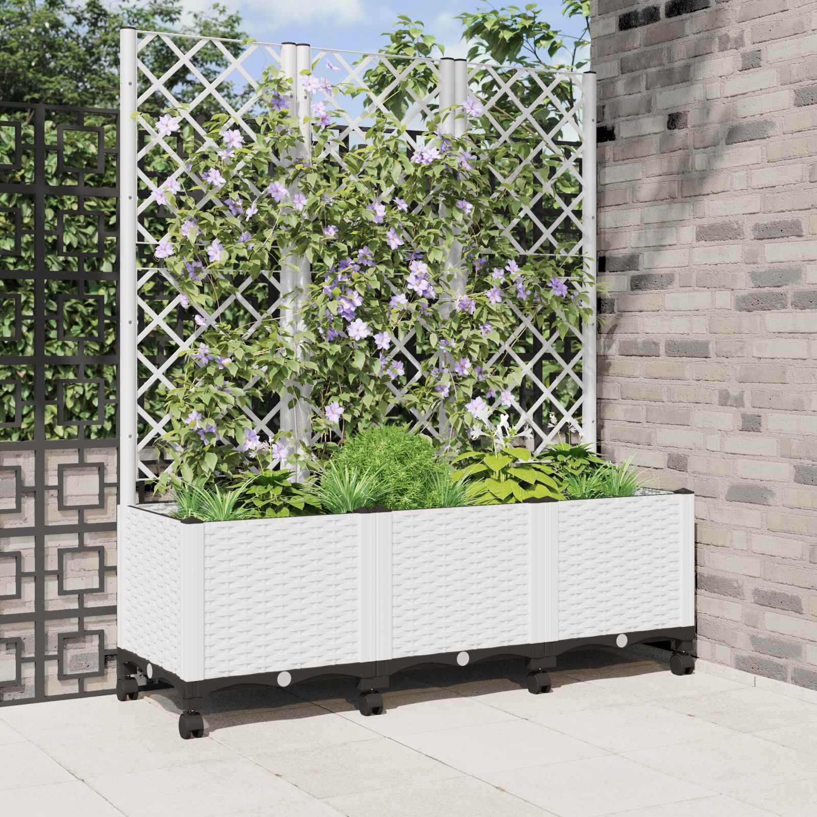 Vaso da giardino con grigliato e ruote Bianco 120 x 40 x 146 cm