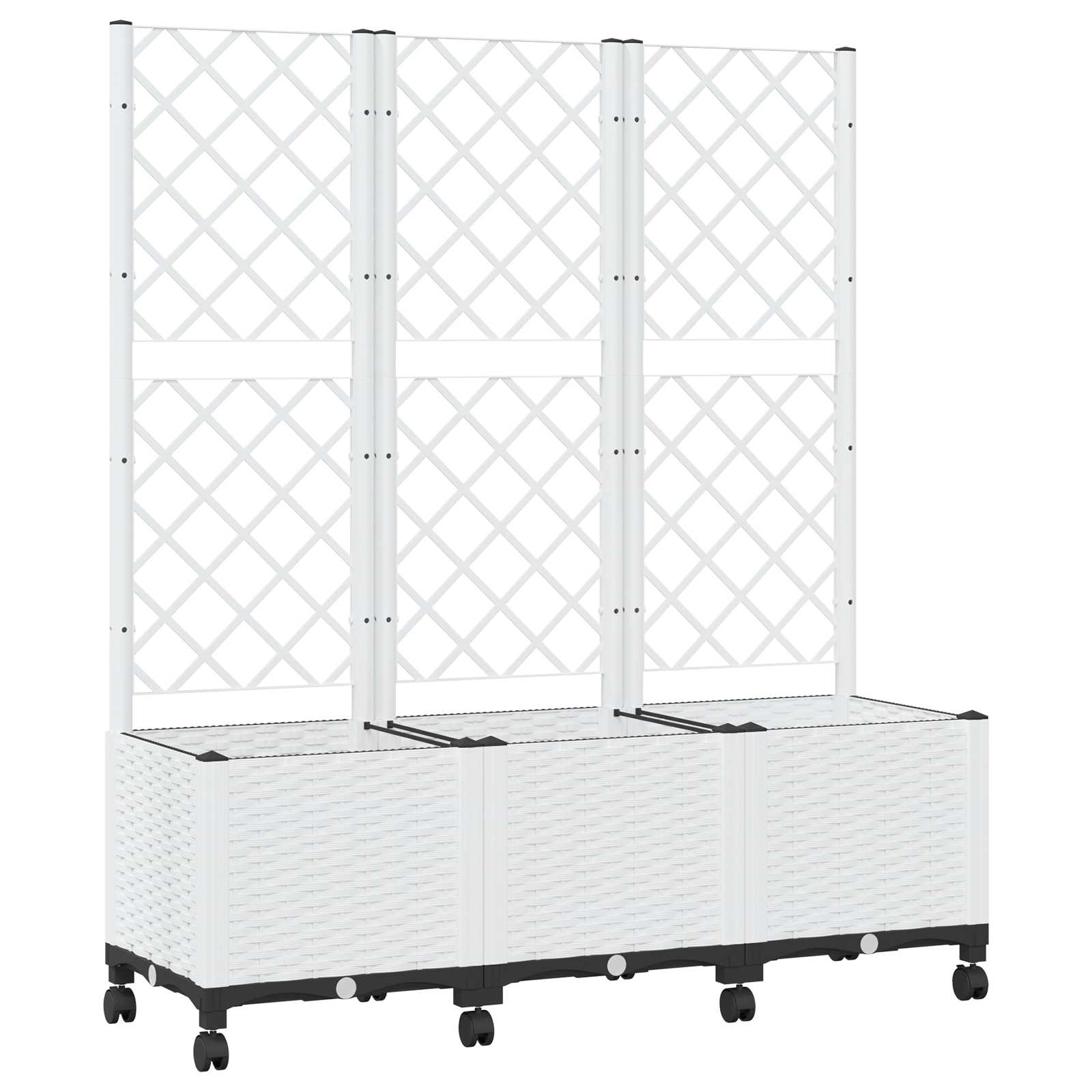 Vaso da giardino con grigliato e ruote Bianco 120 x 40 x 146 cm