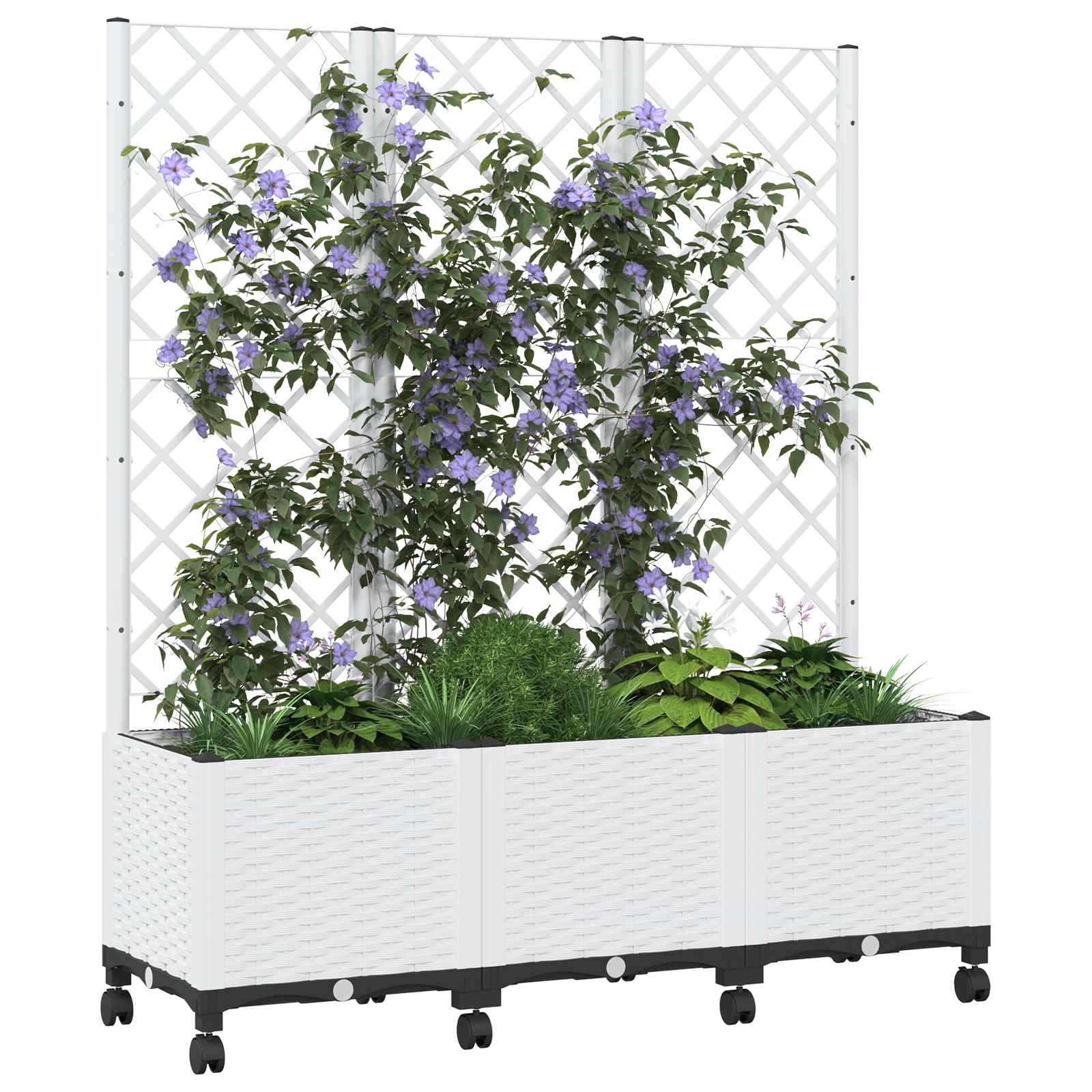 Vaso da giardino con grigliato e ruote Bianco 120 x 40 x 146 cm