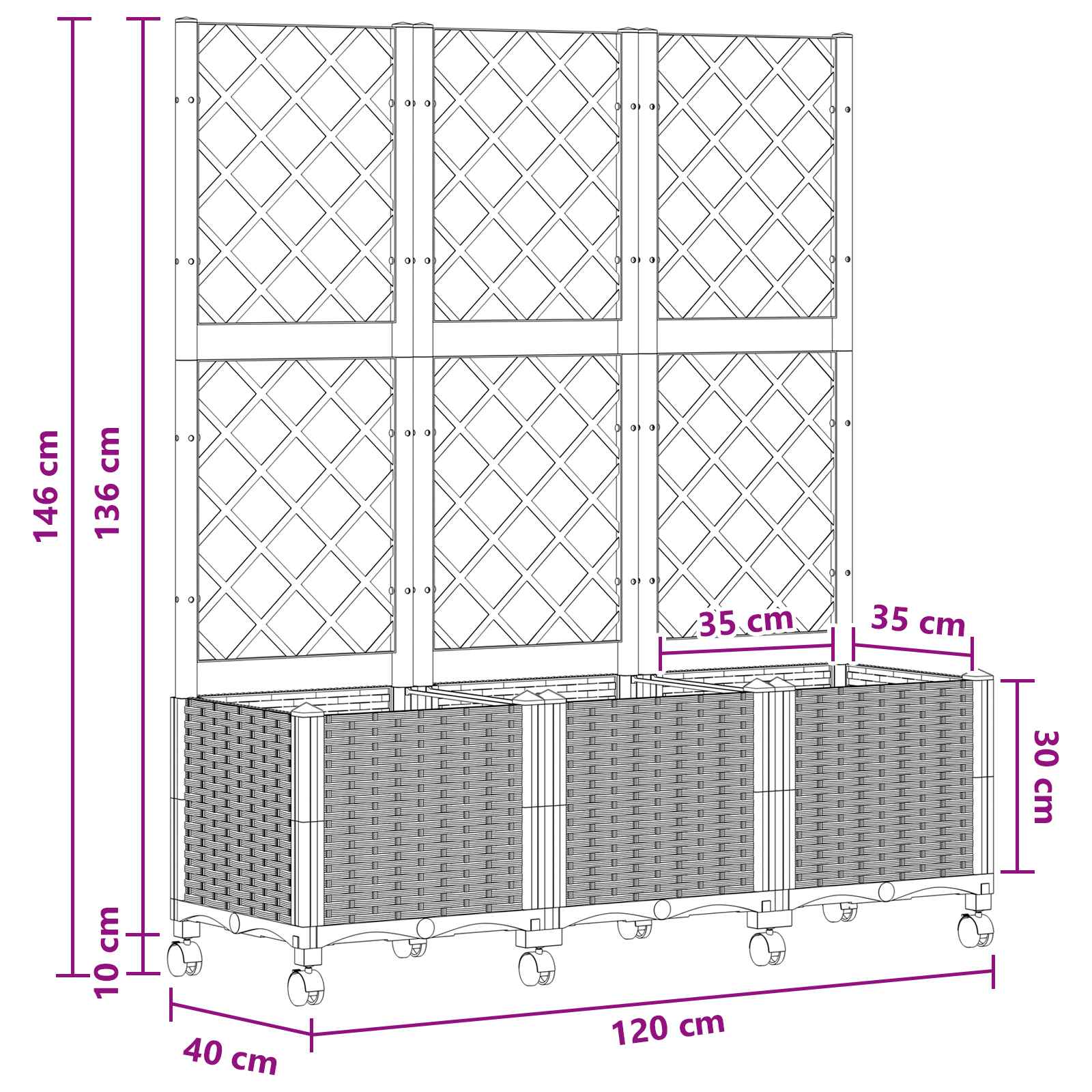 Vaso da giardino con grigliato e ruote Bianco 120 x 40 x 146 cm