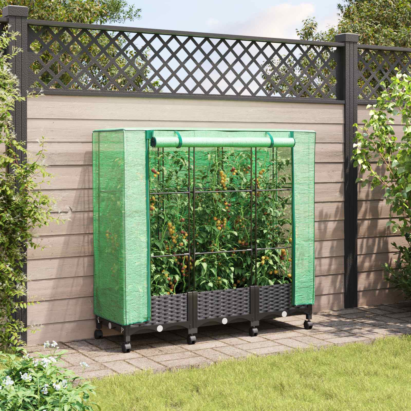 Vaso da Giardino con Copertura per Serra e Ruote 3 pz Nero PP