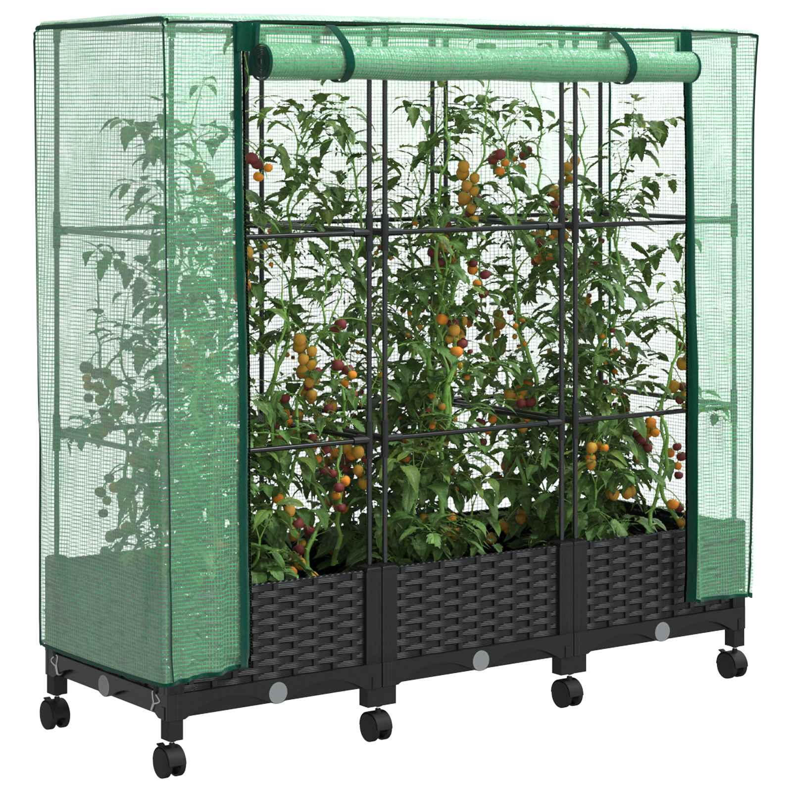 Vaso da Giardino con Copertura per Serra e Ruote 3 pz Nero PP
