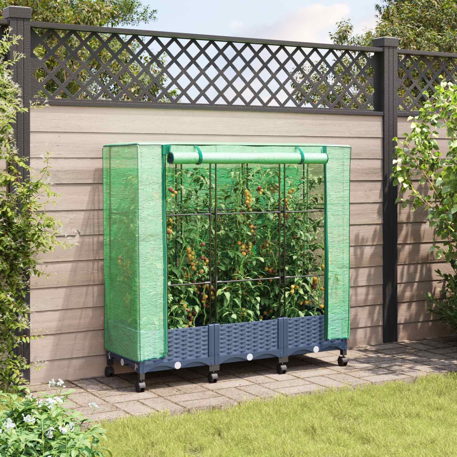 Vaso da Giardino con Copertura per Serra e Ruote 3 pz PP