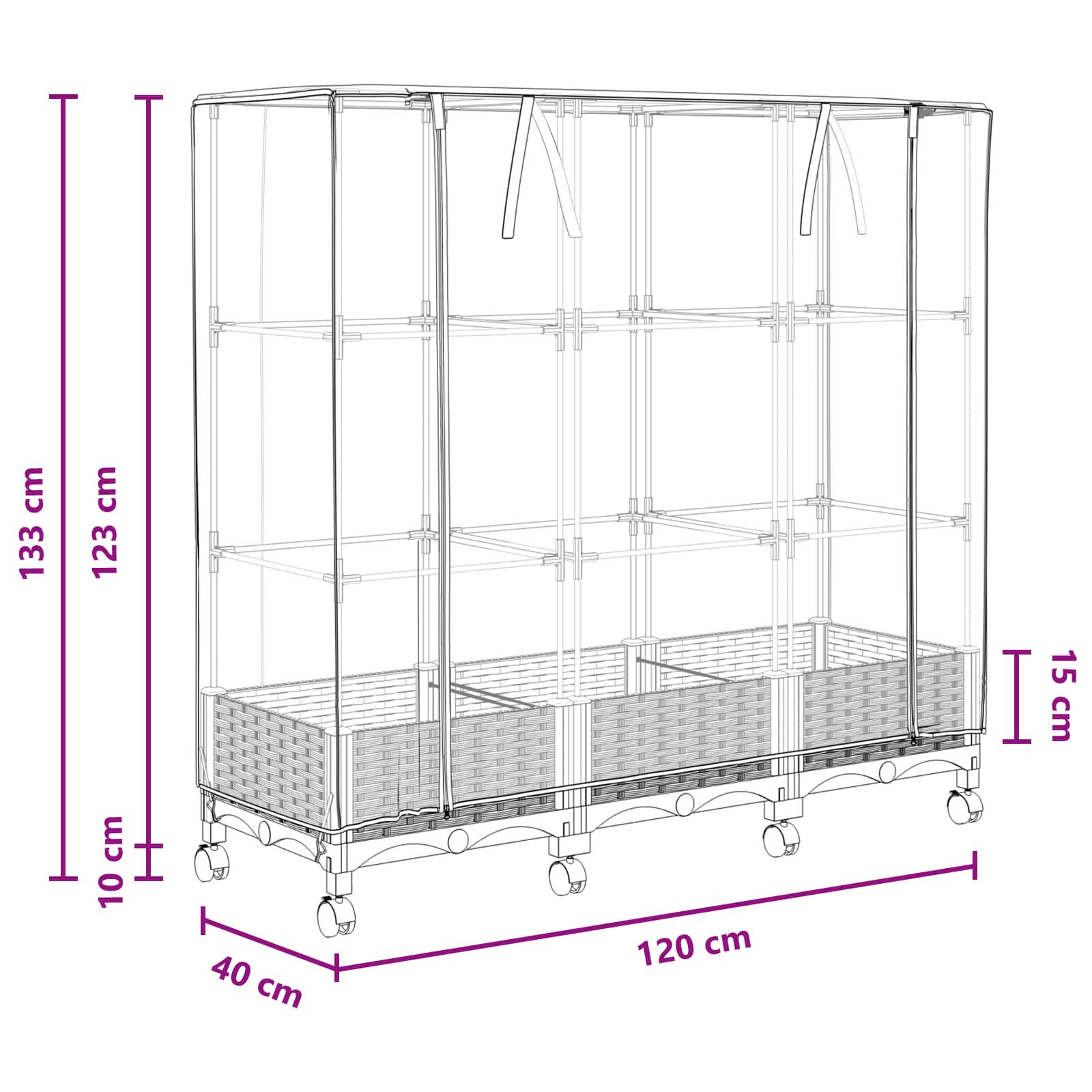 Vaso da Giardino con Copertura per Serra e Ruote 3 pz PP