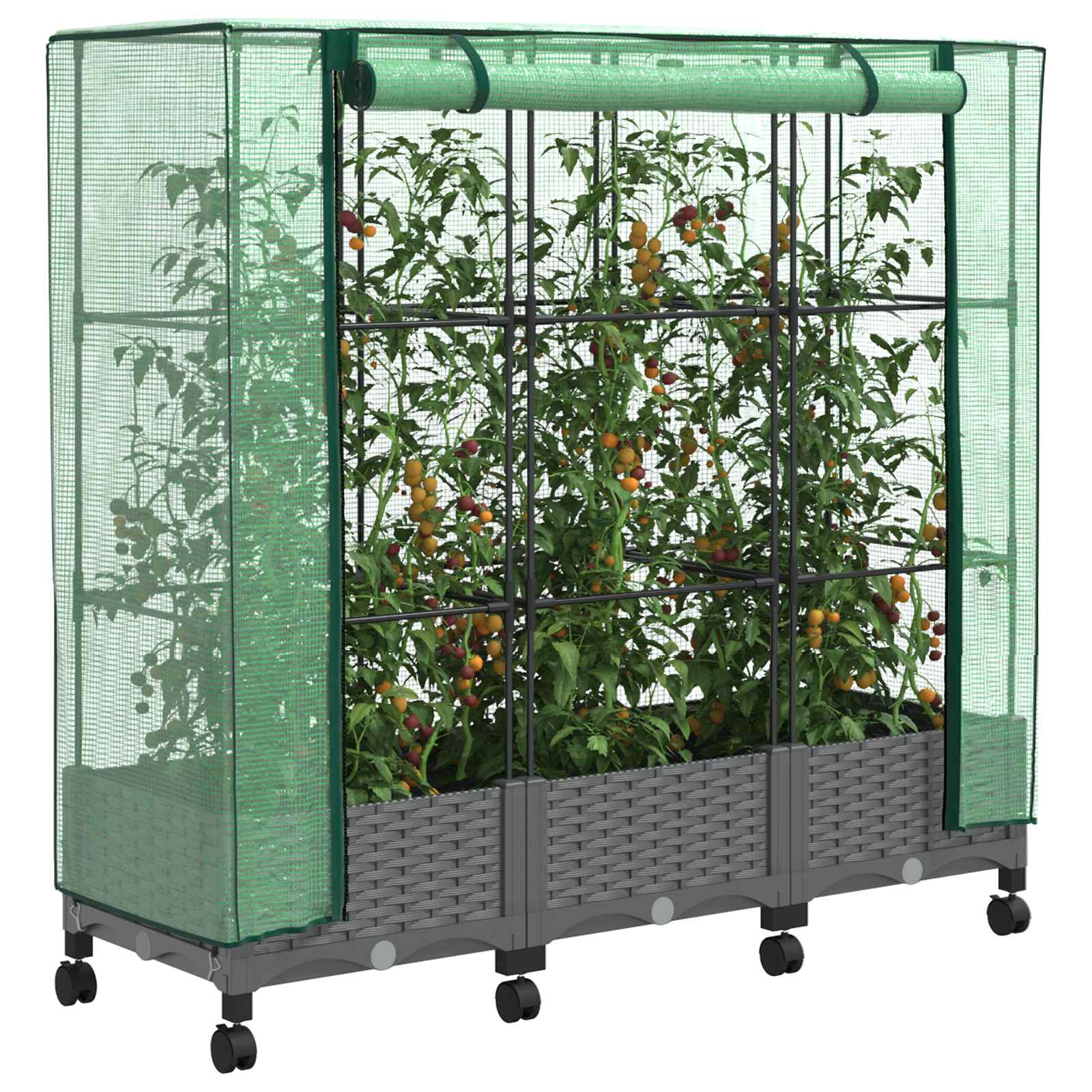 Vaso da Giardino con Copertura per Serra e Ruote 3 pz PP