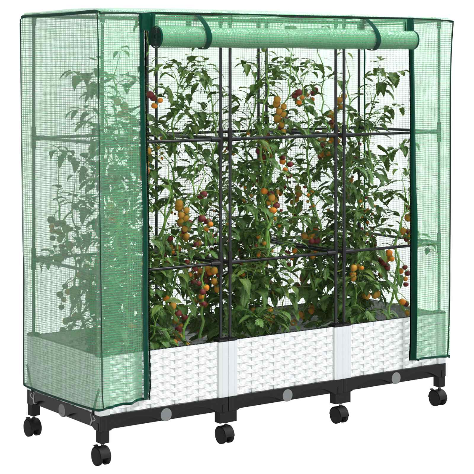 Vaso da Giardino con Copertura per Serra e Ruote 3 pz Bianco PP