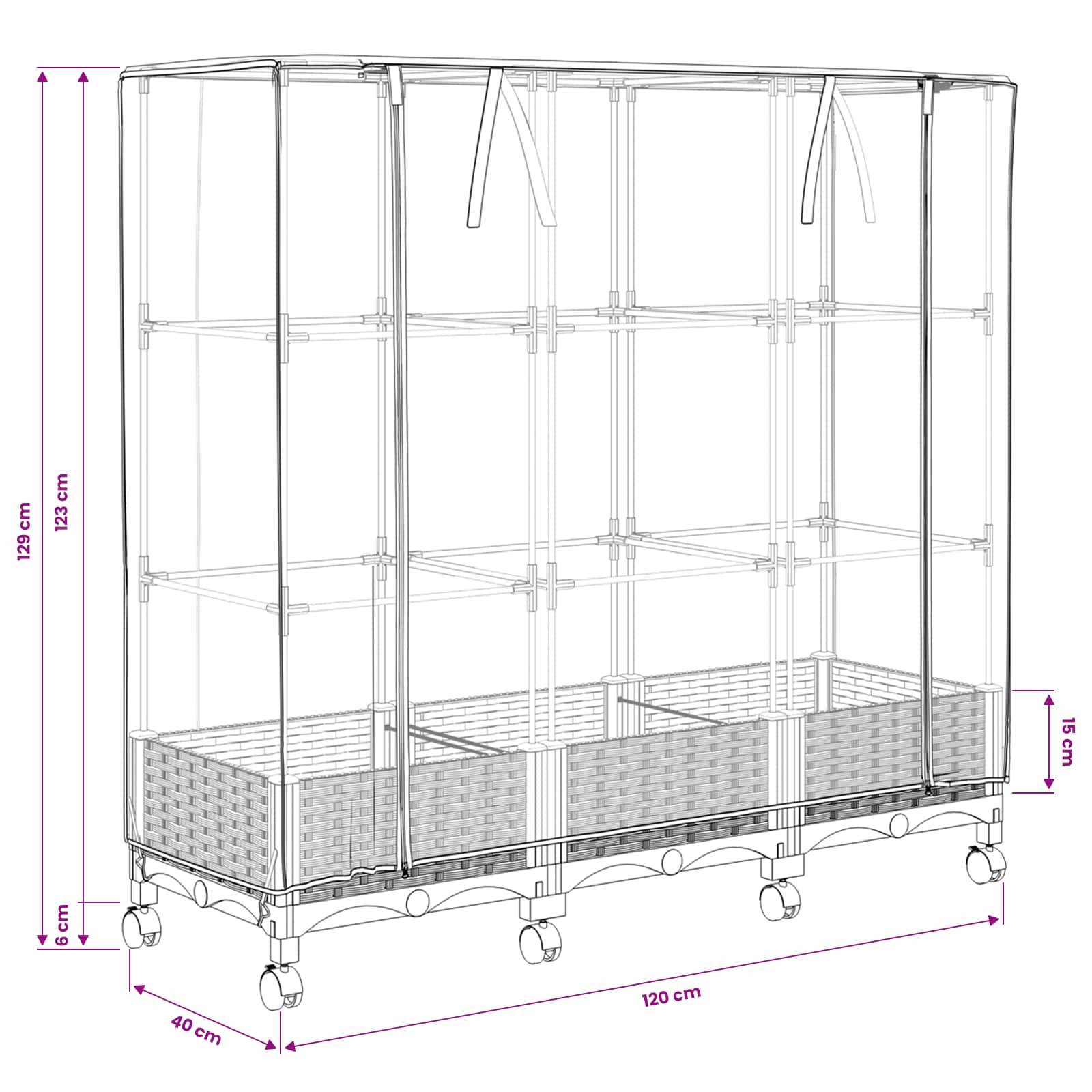 Vaso da Giardino con Copertura per Serra e Ruote 3 pz Bianco PP