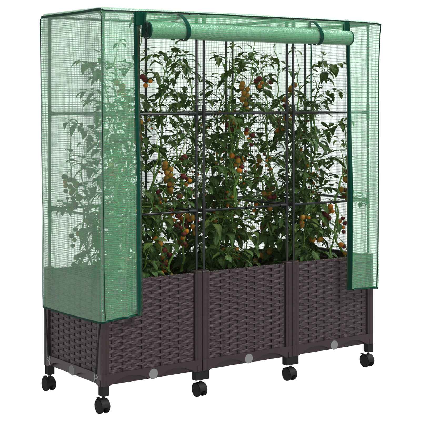 Vaso da Giardino con Copertura per Serra e Ruote 3 pz Marrone