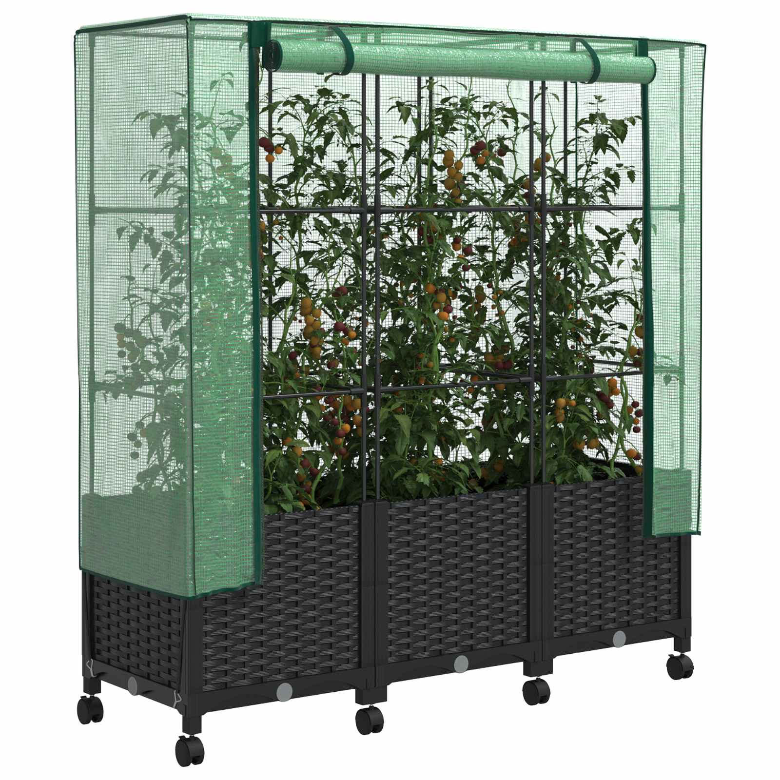 Vaso da Giardino con Copertura per Serra e Ruote 3 pz Nero PP