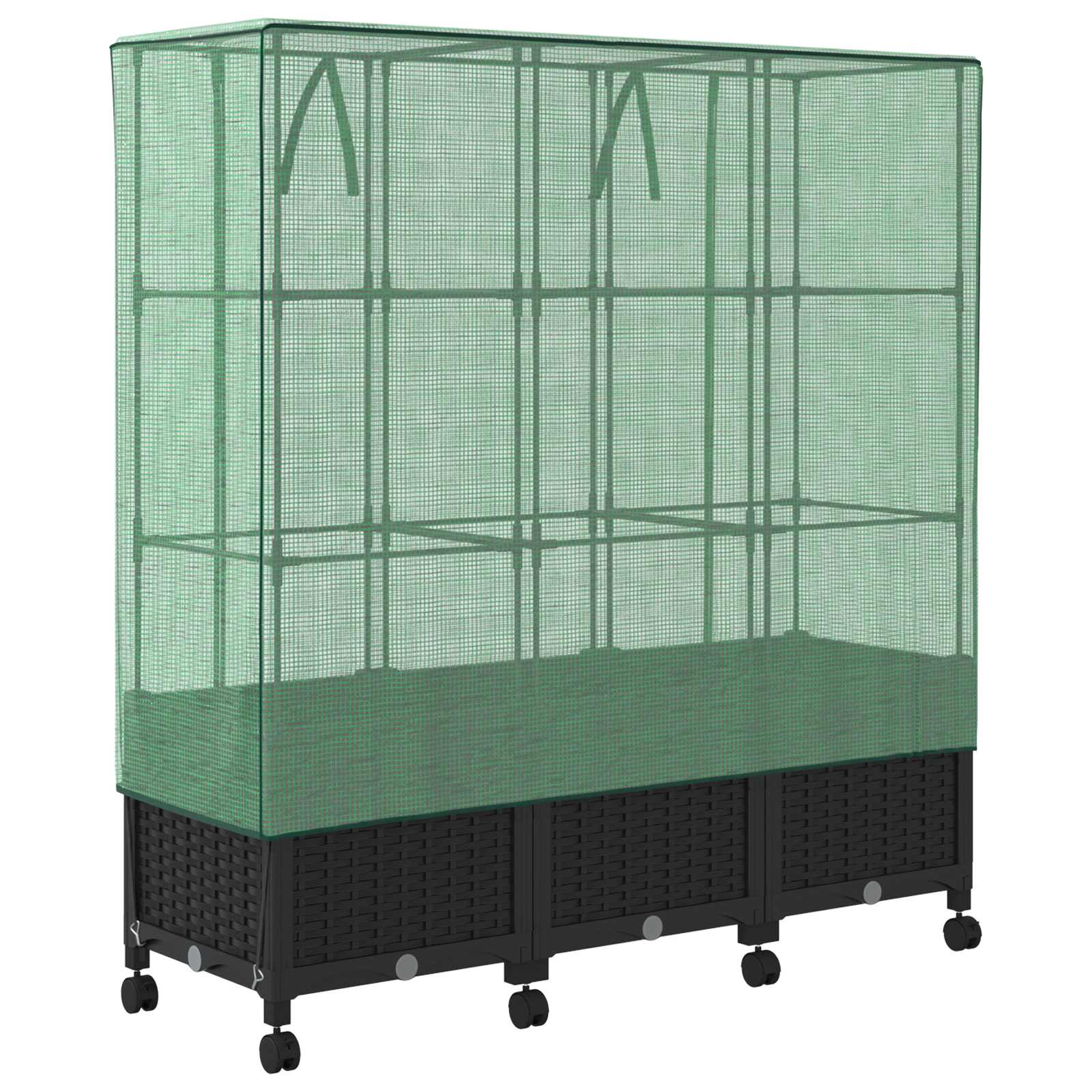 Vaso da Giardino con Copertura per Serra e Ruote 3 pz Nero PP