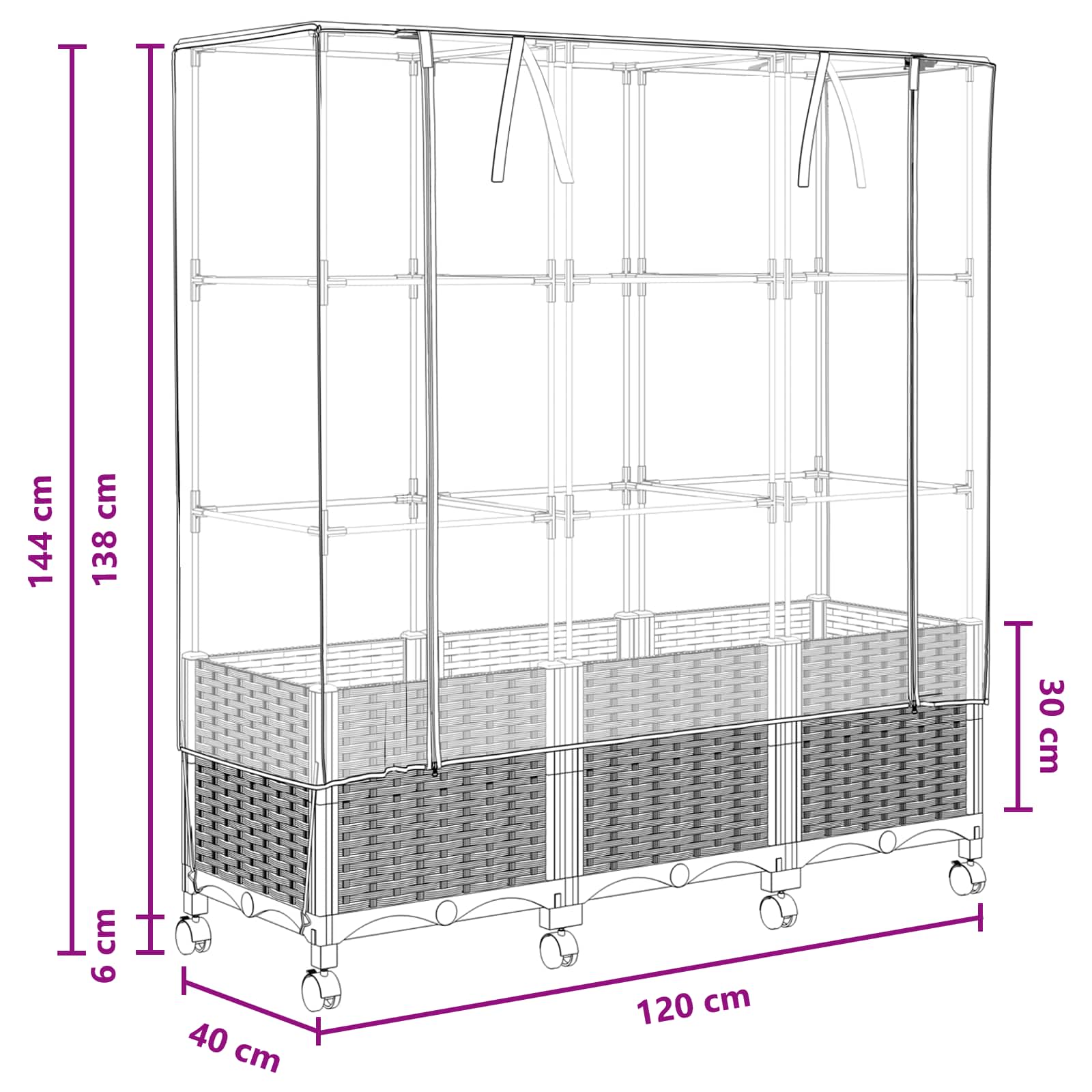 Vaso da Giardino con Copertura per Serra e Ruote 3 pz Nero PP